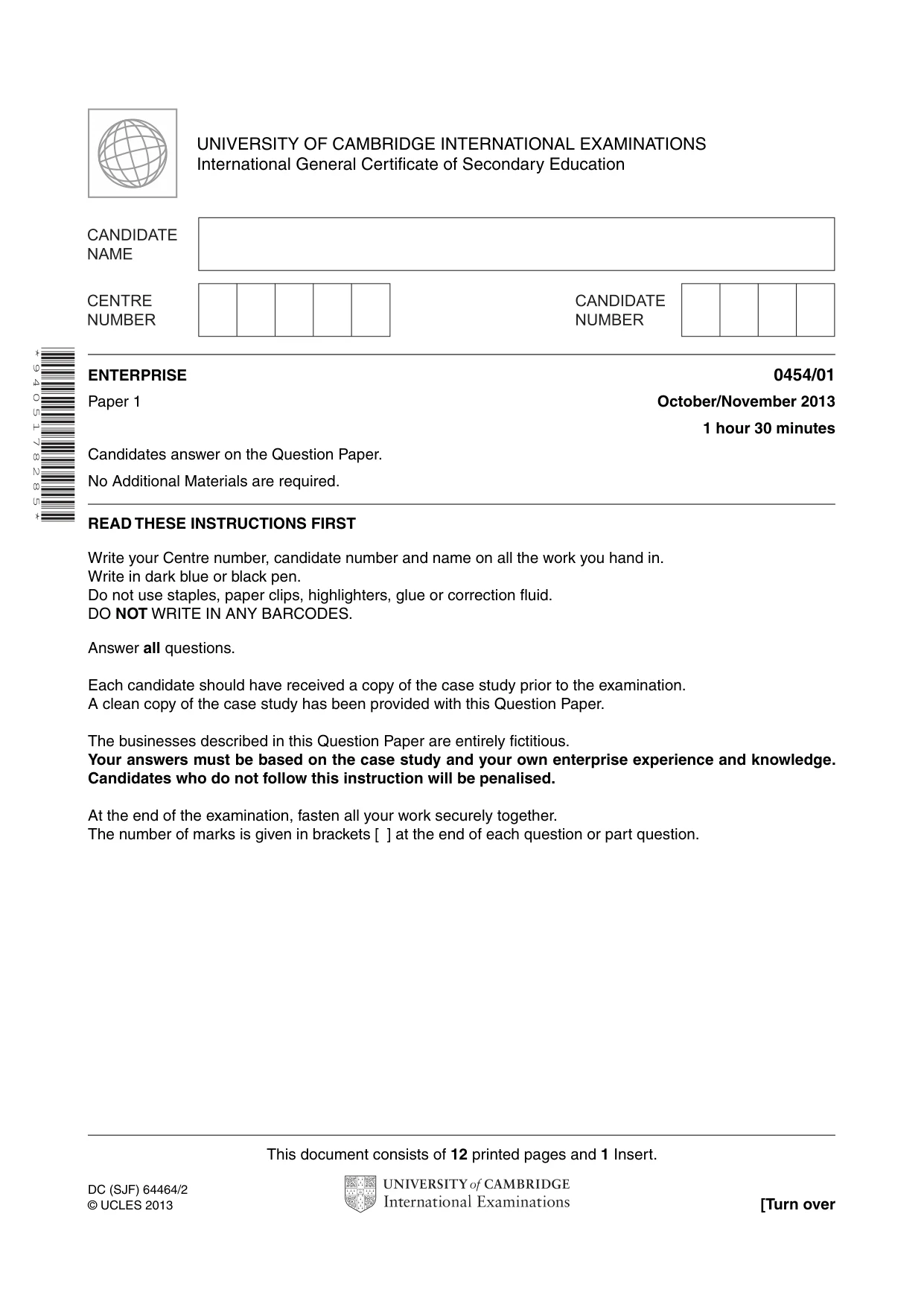 Cambridge IGCSE Enterprise 0454 2013 Oct/Nov Paper 1 · Variant 1 question paper, page 1 of 12