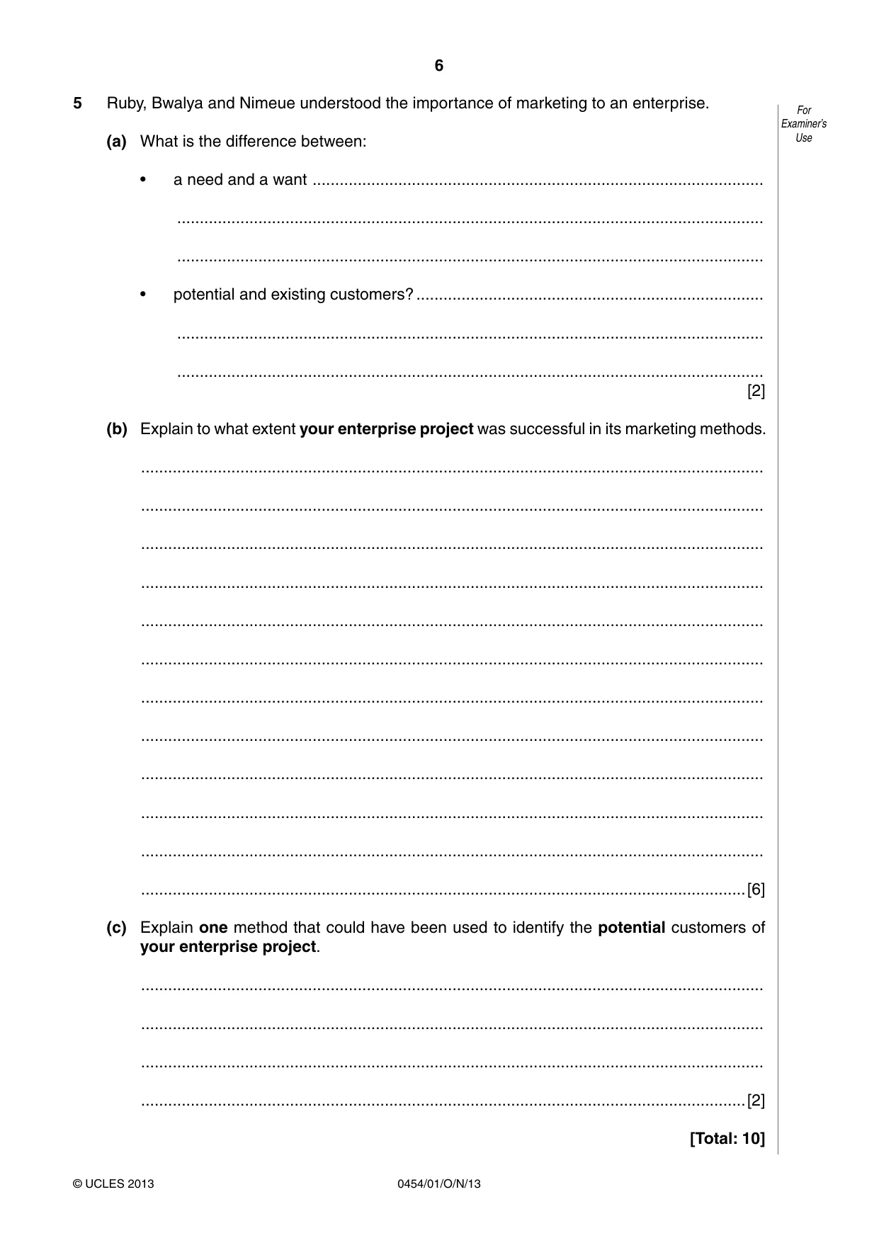 Cambridge IGCSE Enterprise 0454 2013 Oct/Nov Paper 1 · Variant 1 question paper, page 6 of 12
