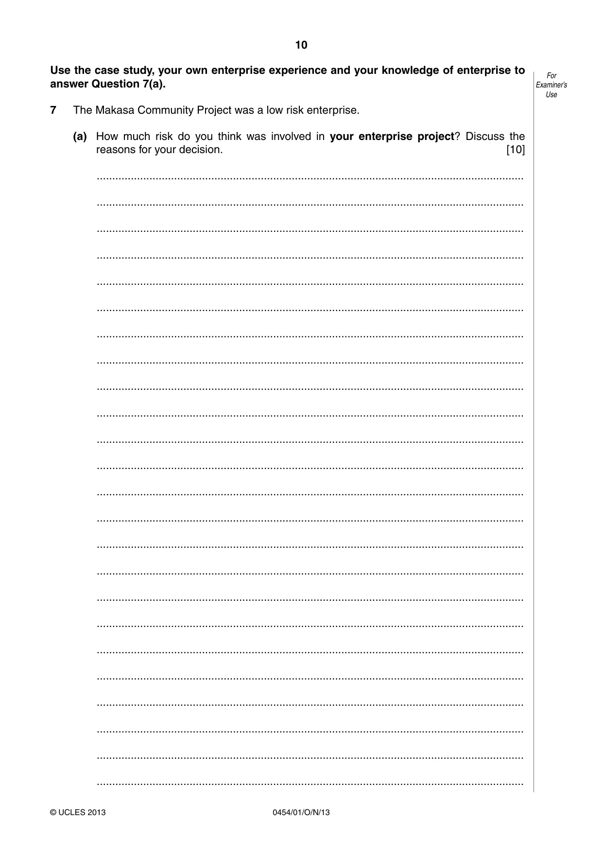 Cambridge IGCSE Enterprise 0454 2013 Oct/Nov Paper 1 · Variant 1 question paper, page 10 of 12