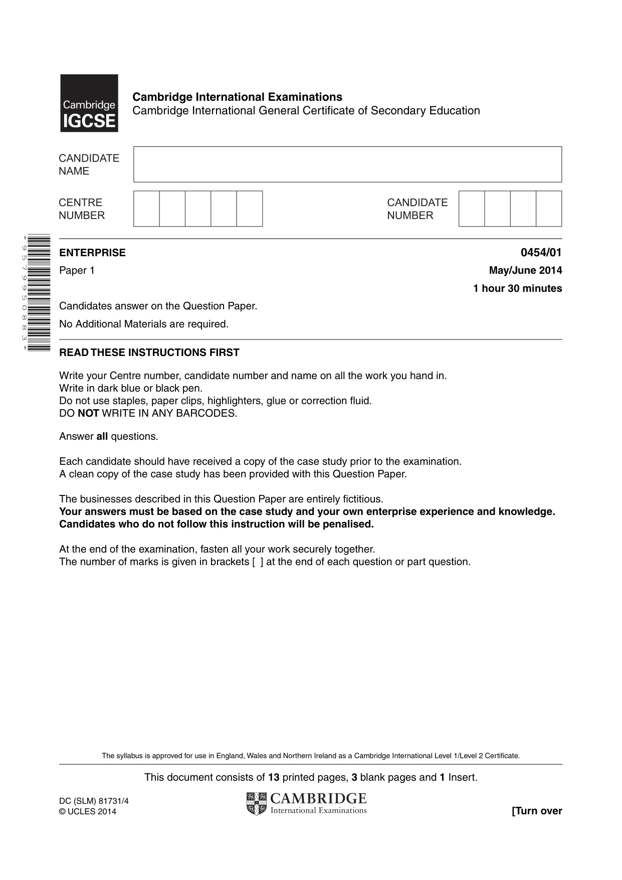 Cambridge IGCSE Enterprise 0454 2014 May/June Paper 1 · Variant 1 question paper, page 1 of 16