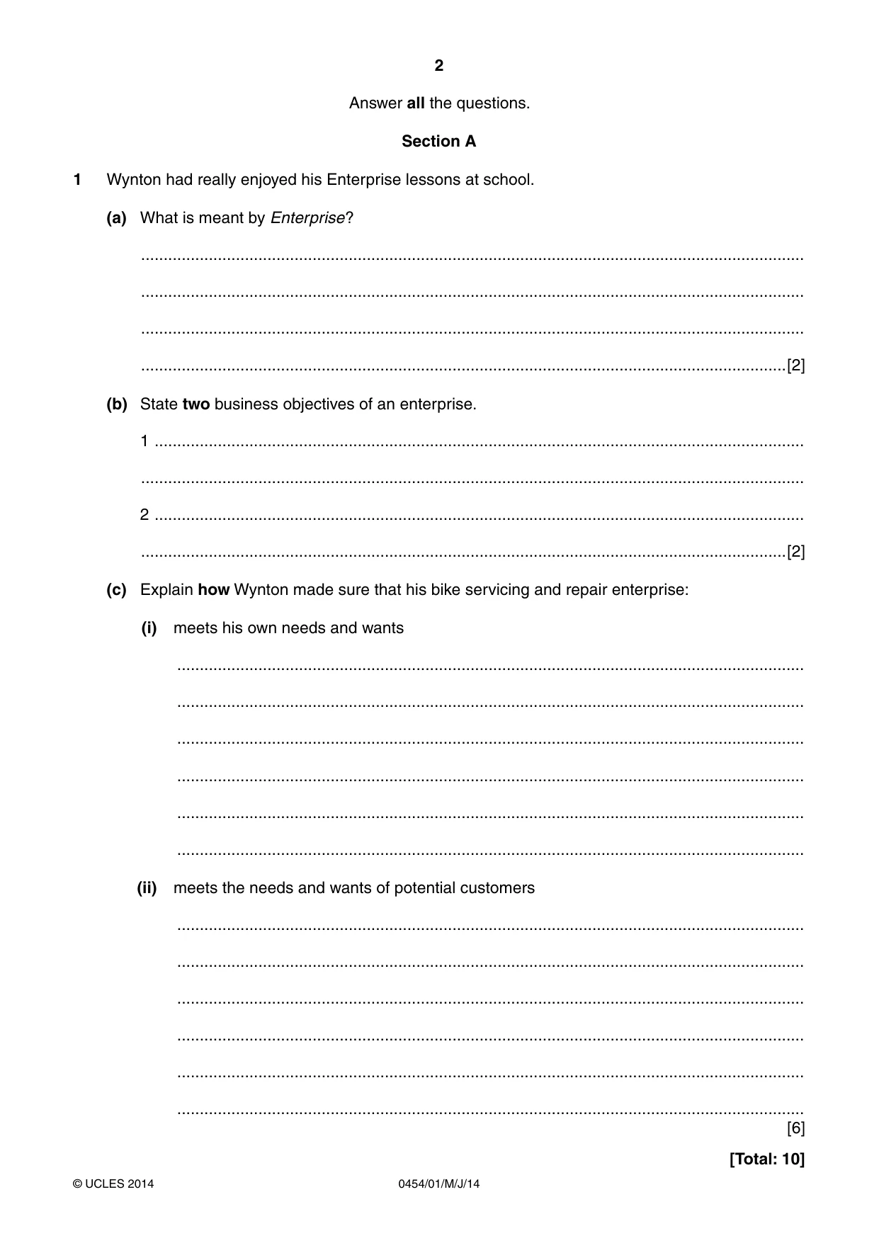 Cambridge IGCSE Enterprise 0454 2014 May/June Paper 1 · Variant 1 question paper, page 2 of 16