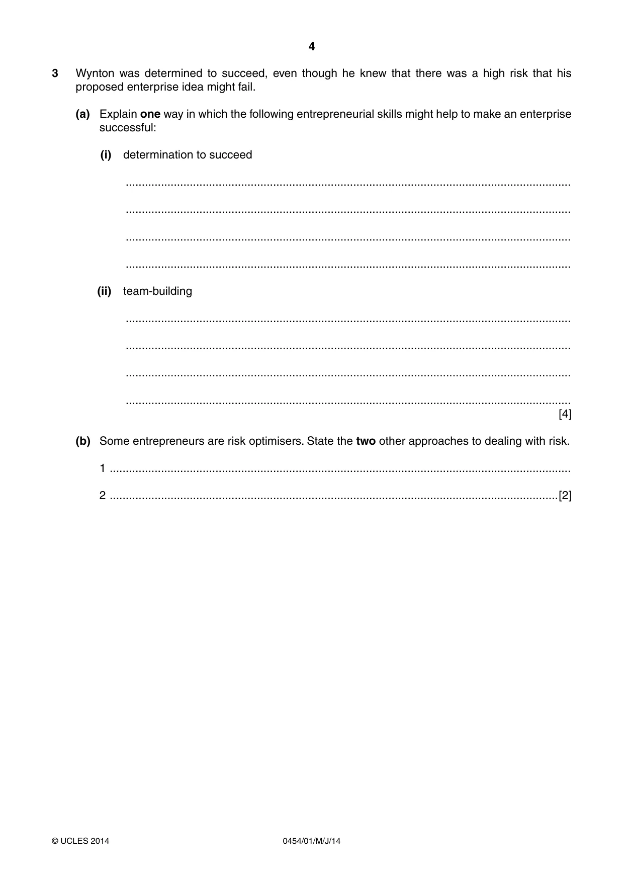 Cambridge IGCSE Enterprise 0454 2014 May/June Paper 1 · Variant 1 question paper, page 4 of 16