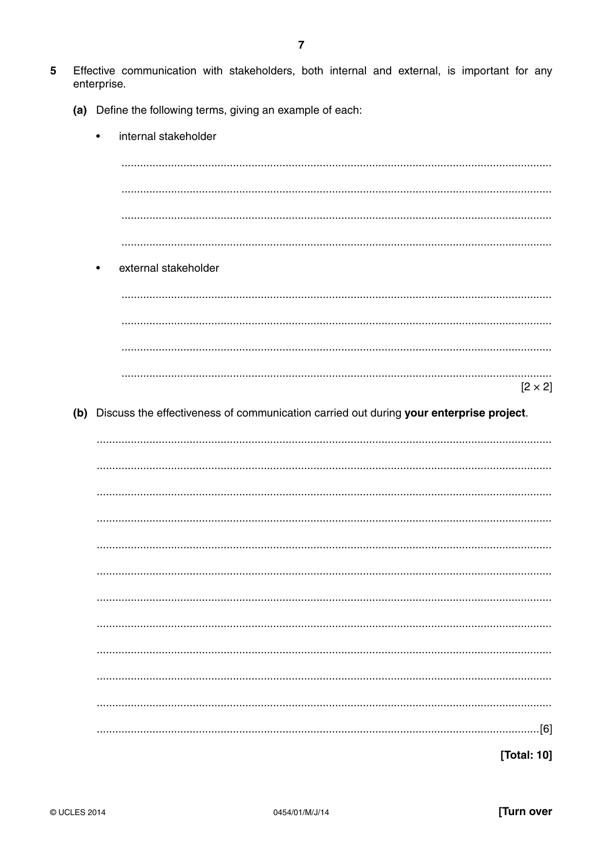 Cambridge IGCSE Enterprise 0454 2014 May/June Paper 1 · Variant 1 question paper, page 7 of 16