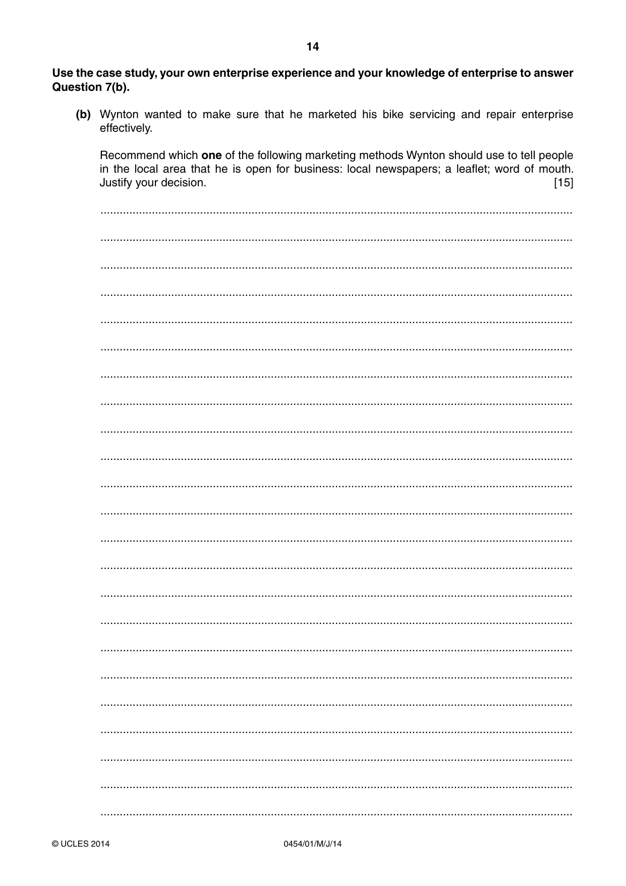 Cambridge IGCSE Enterprise 0454 2014 May/June Paper 1 · Variant 1 question paper, page 14 of 16