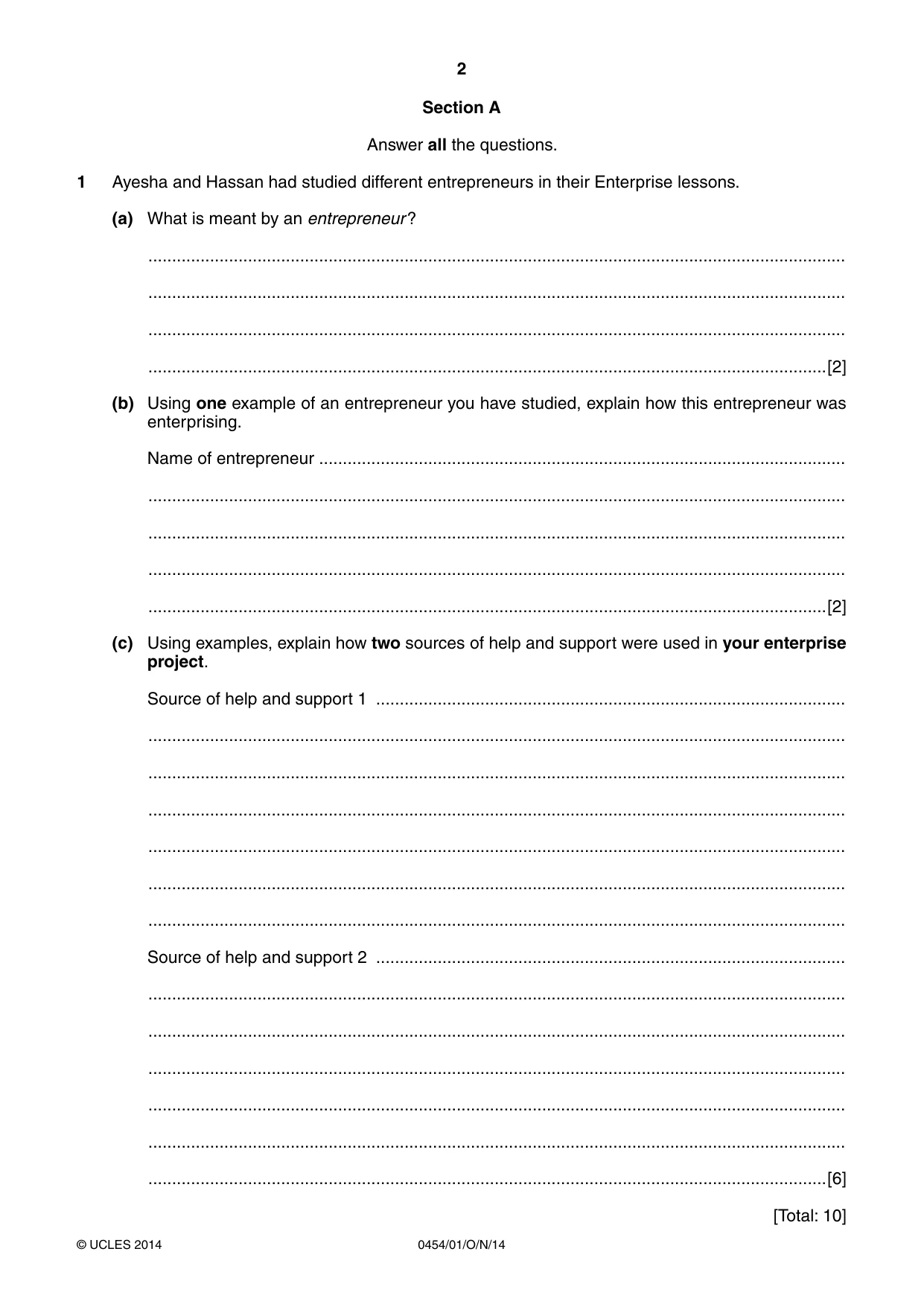 Cambridge IGCSE Enterprise 0454 2014 Oct/Nov Paper 1 · Variant 1 question paper, page 2 of 16