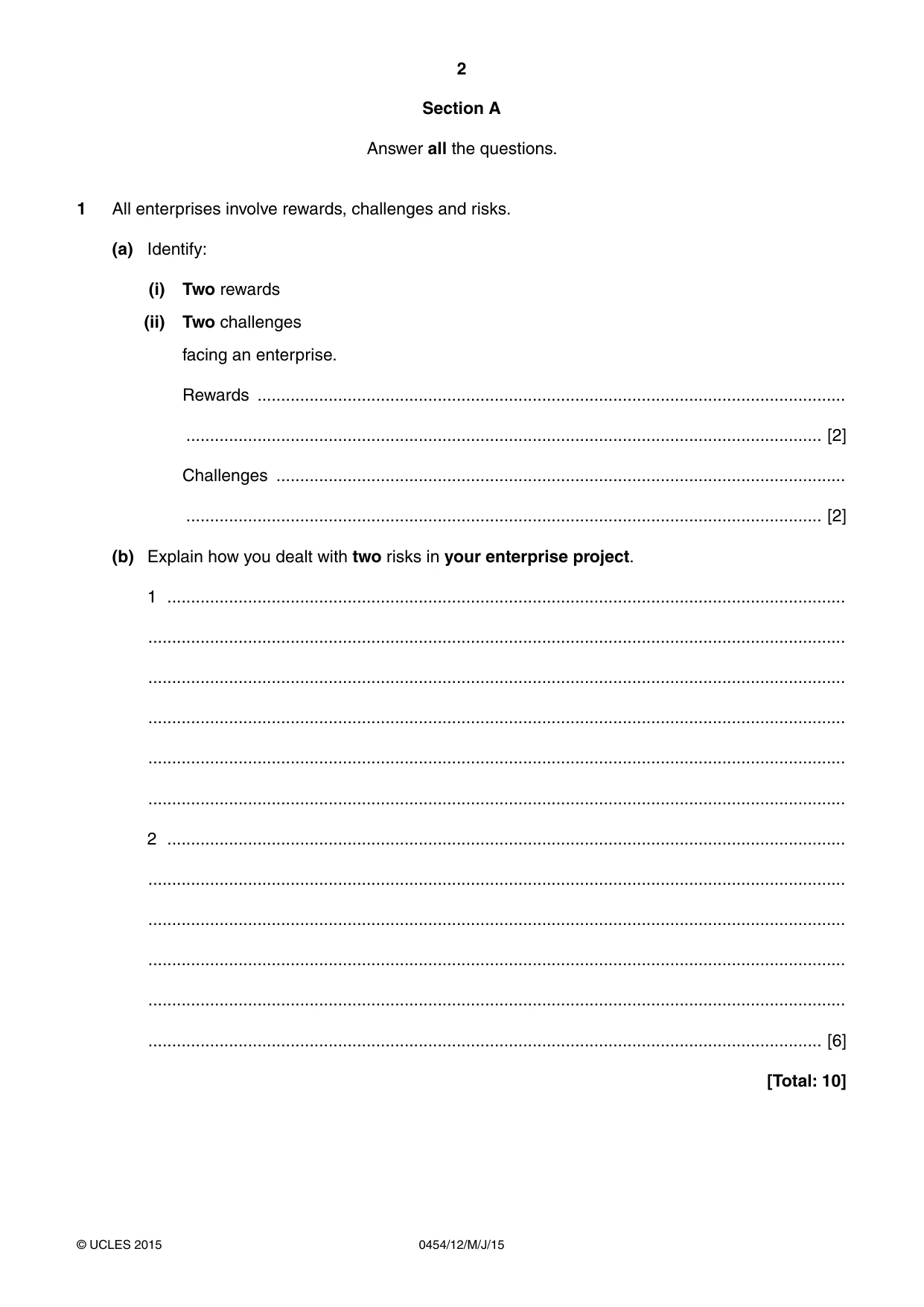 Cambridge IGCSE Enterprise 0454 2015 May/June Paper 1 · Variant 2 question paper, page 2 of 16