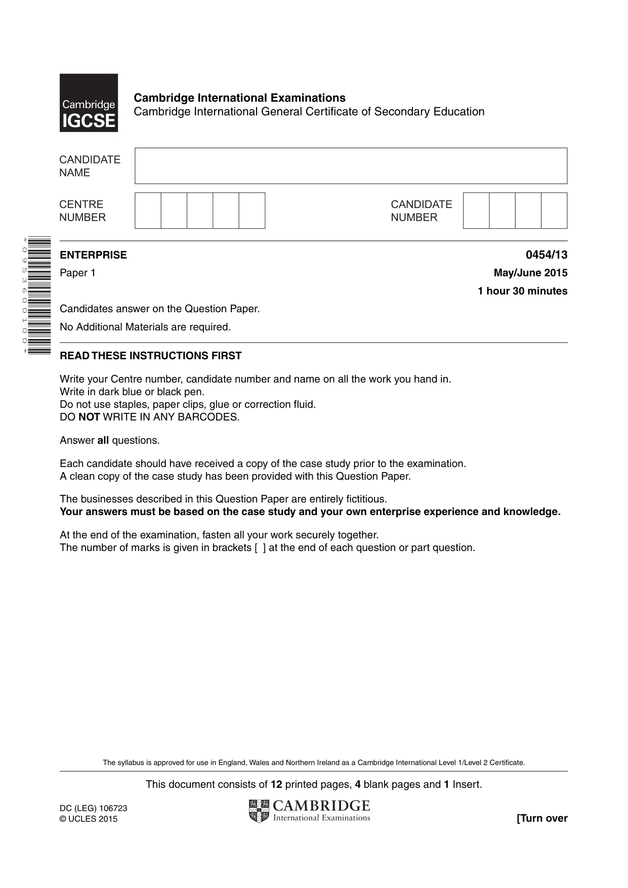 Cambridge IGCSE Enterprise 0454 2015 May/June Paper 1 · Variant 3 question paper, page 1 of 16
