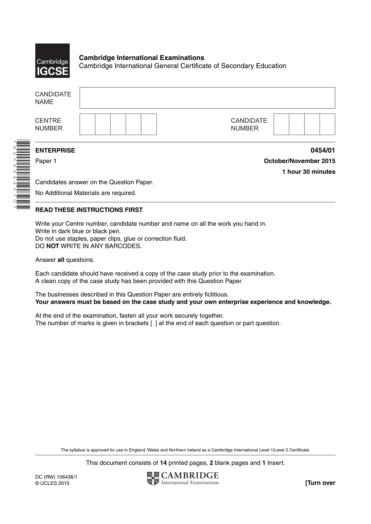 Cambridge IGCSE Enterprise 0454 2015 Oct/Nov Paper 1 · Variant 1 question paper, page 1 of 16