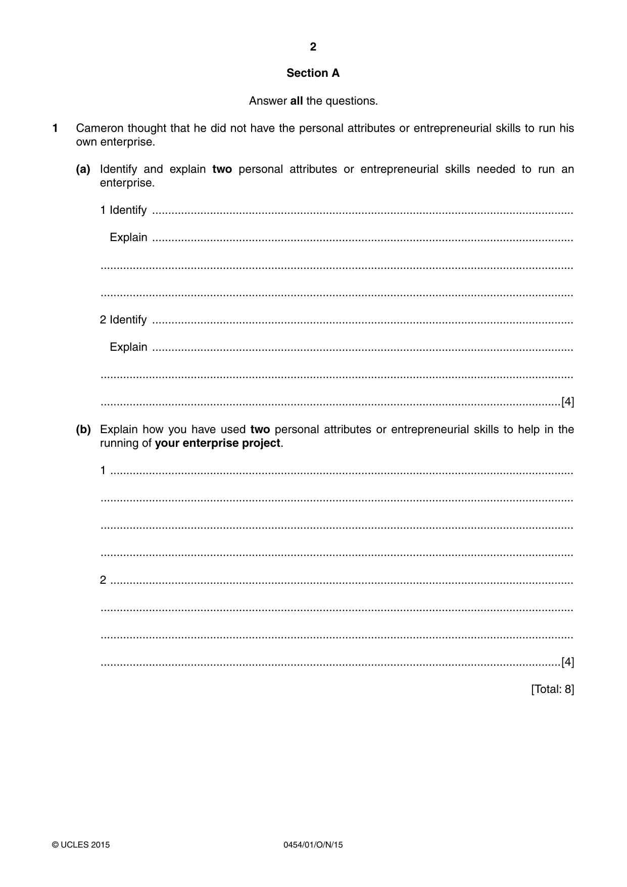 Cambridge IGCSE Enterprise 0454 2015 Oct/Nov Paper 1 · Variant 1 question paper, page 2 of 16