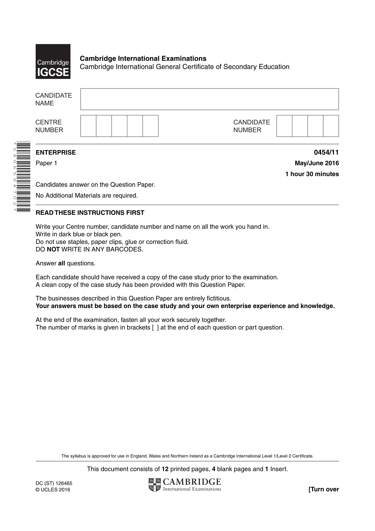 Cambridge IGCSE Enterprise 0454 2016 May/June Paper 1 · Variant 1 question paper, page 1 of 16