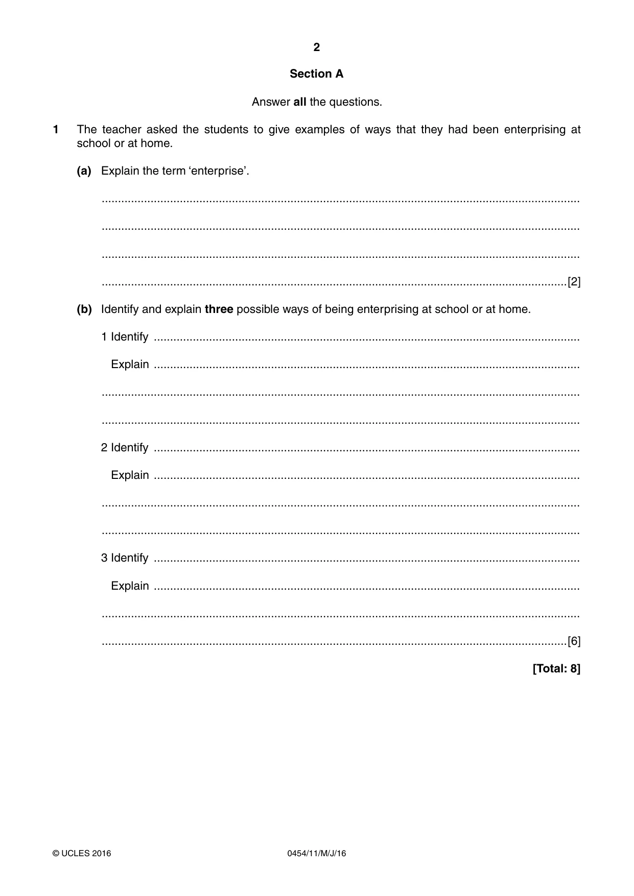 Cambridge IGCSE Enterprise 0454 2016 May/June Paper 1 · Variant 1 question paper, page 2 of 16