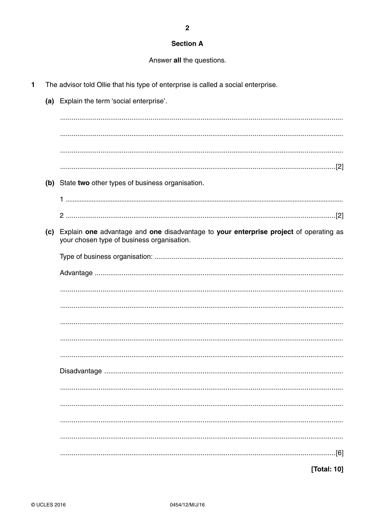 Cambridge IGCSE Enterprise 0454 2016 May/June Paper 1 · Variant 2 question paper, page 2 of 16
