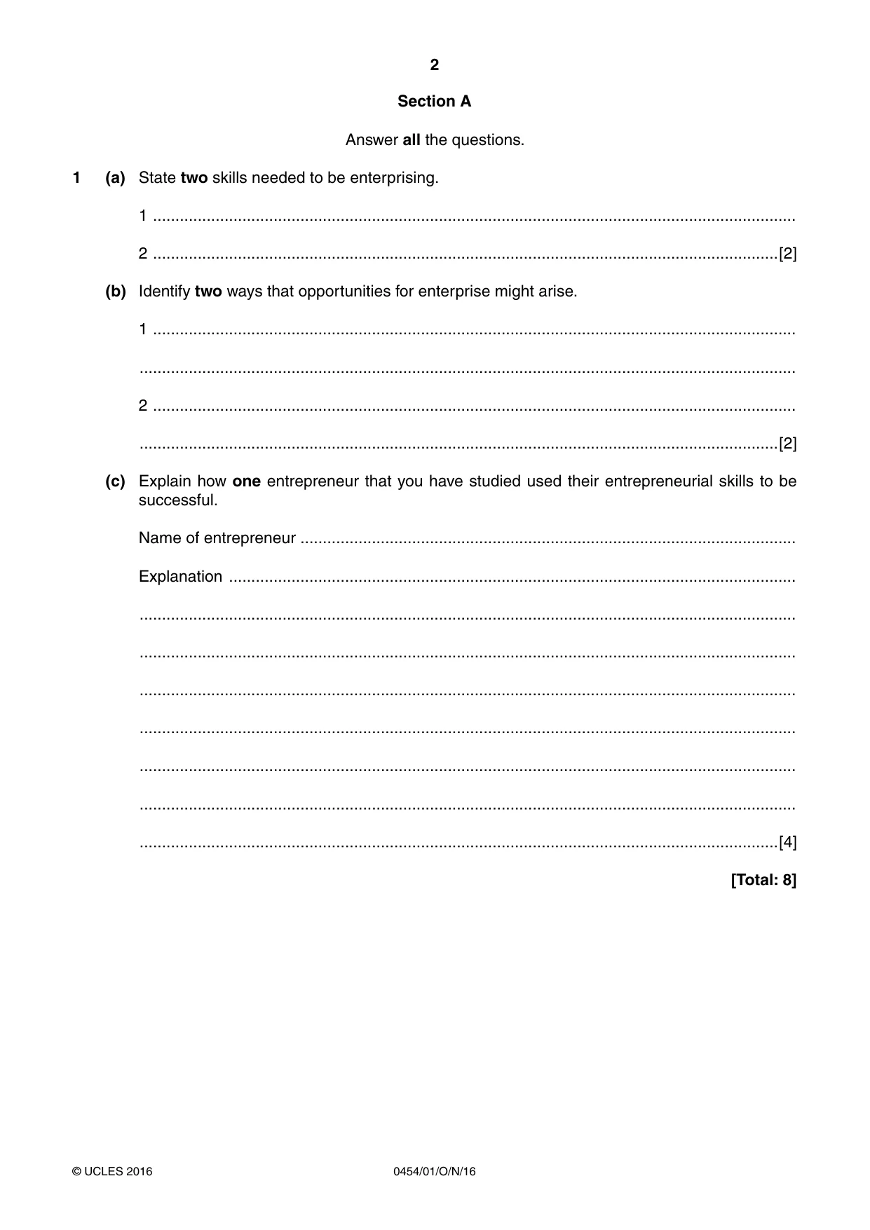 Cambridge IGCSE Enterprise 0454 2016 Oct/Nov Paper 1 · Variant 1 question paper, page 2 of 16