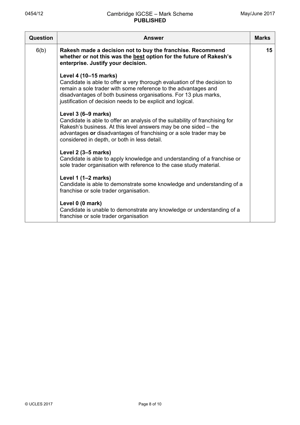 Mark scheme, page 8 of 10