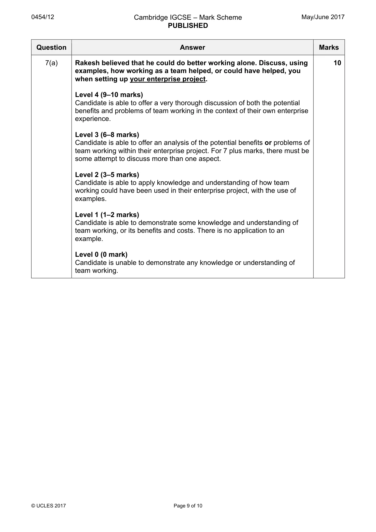Mark scheme, page 9 of 10