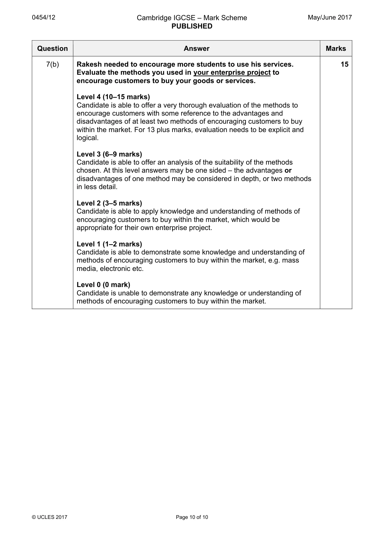 Mark scheme, page 10 of 10