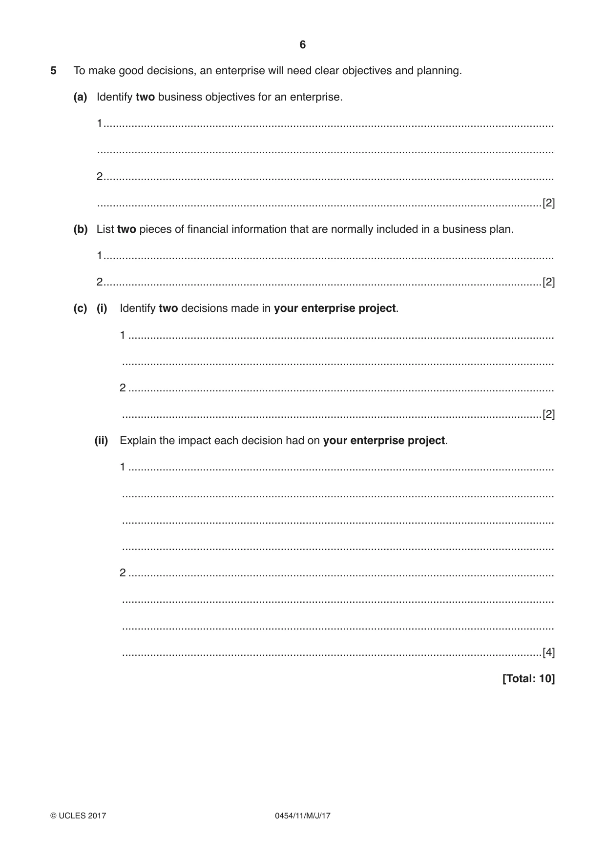 Cambridge IGCSE Enterprise 0454 2017 May/June Paper 1 · Variant 1 question paper, page 6 of 16