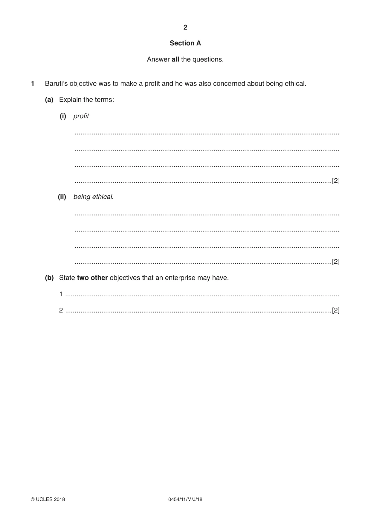 Cambridge IGCSE Enterprise 0454 2018 May/June Paper 1 · Variant 1 question paper, page 2 of 16