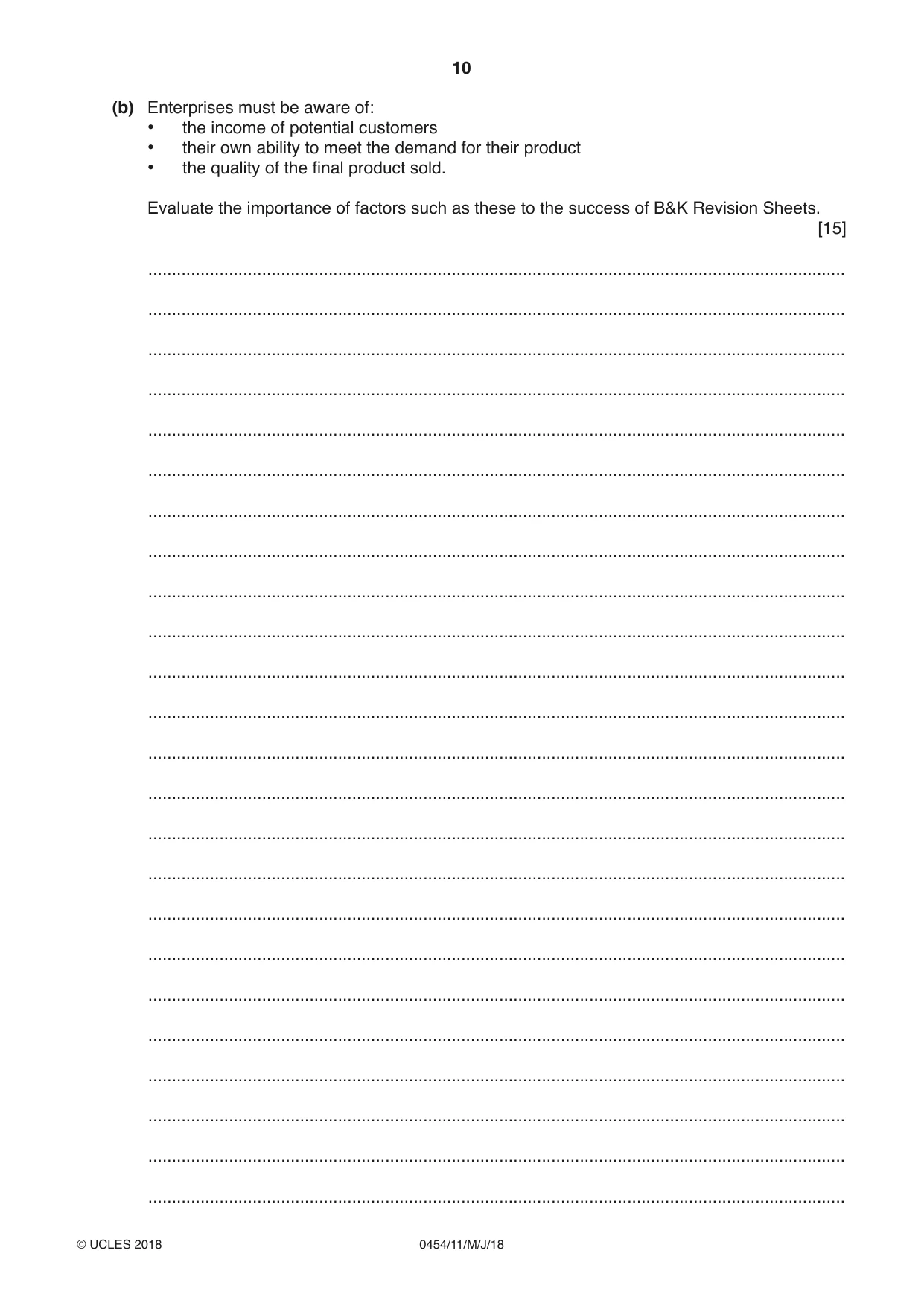 Cambridge IGCSE Enterprise 0454 2018 May/June Paper 1 · Variant 1 question paper, page 10 of 16