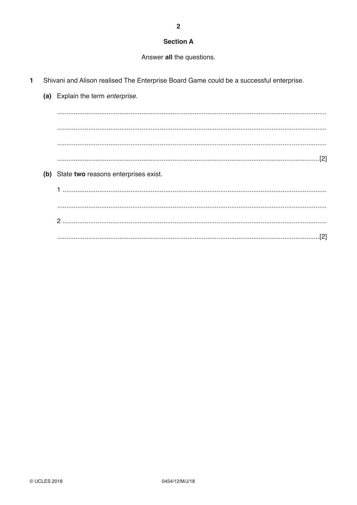 Cambridge IGCSE Enterprise 0454 2018 May/June Paper 1 · Variant 2 question paper, page 2 of 16