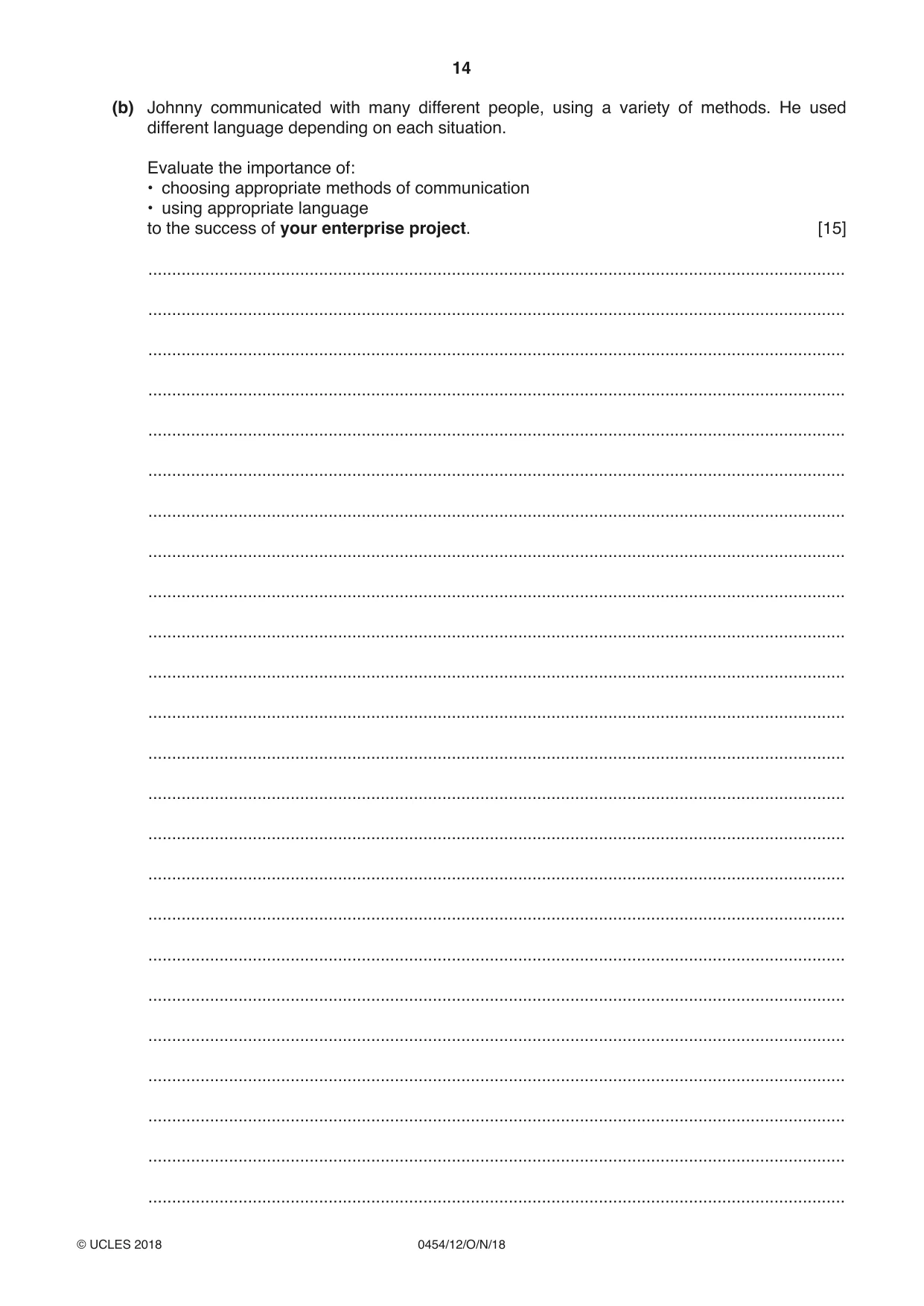 Cambridge IGCSE Enterprise 0454 2018 Oct/Nov Paper 1 · Variant 2 question paper, page 14 of 16