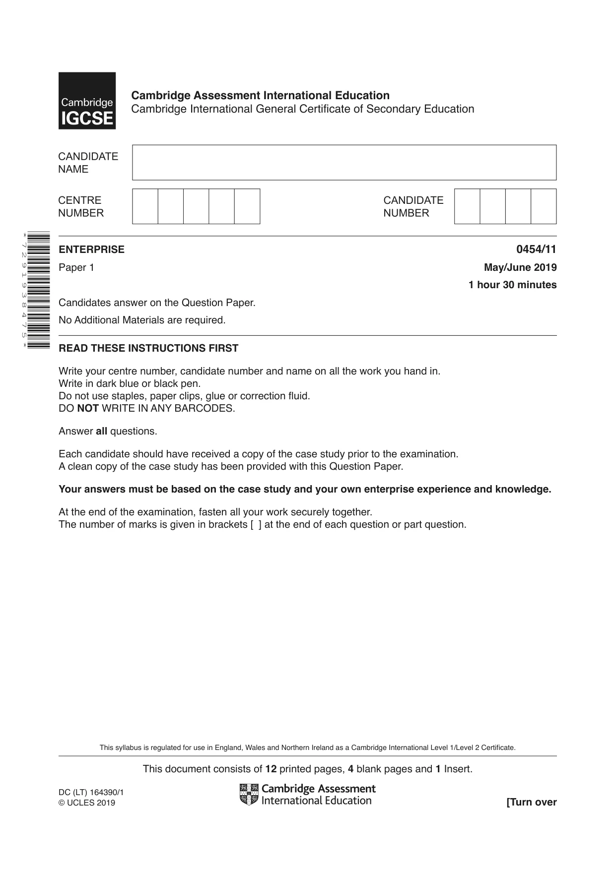 Cambridge IGCSE Enterprise 0454 2019 May/June Paper 1 · Variant 1 question paper, page 1 of 16