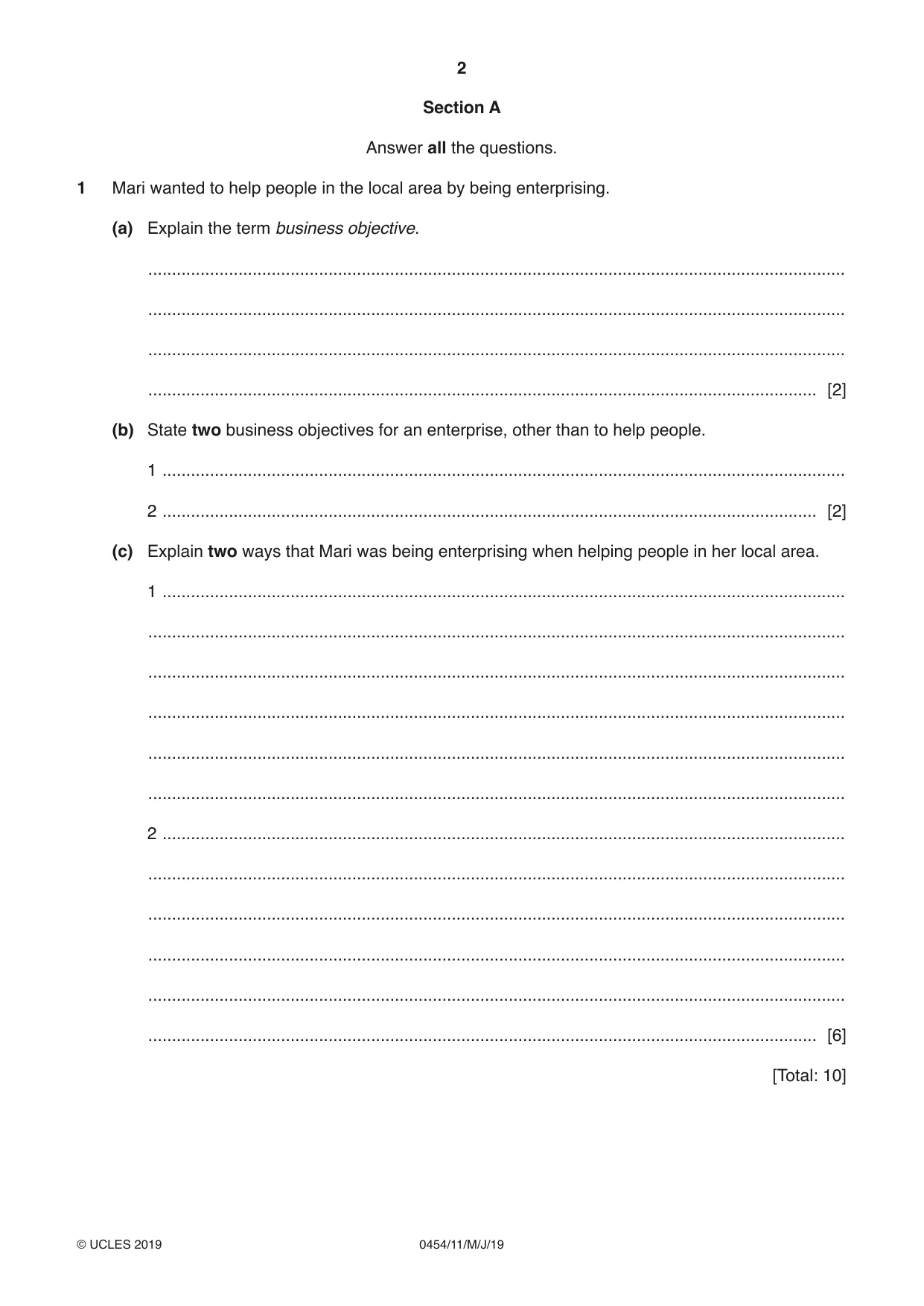 Cambridge IGCSE Enterprise 0454 2019 May/June Paper 1 · Variant 1 question paper, page 2 of 16