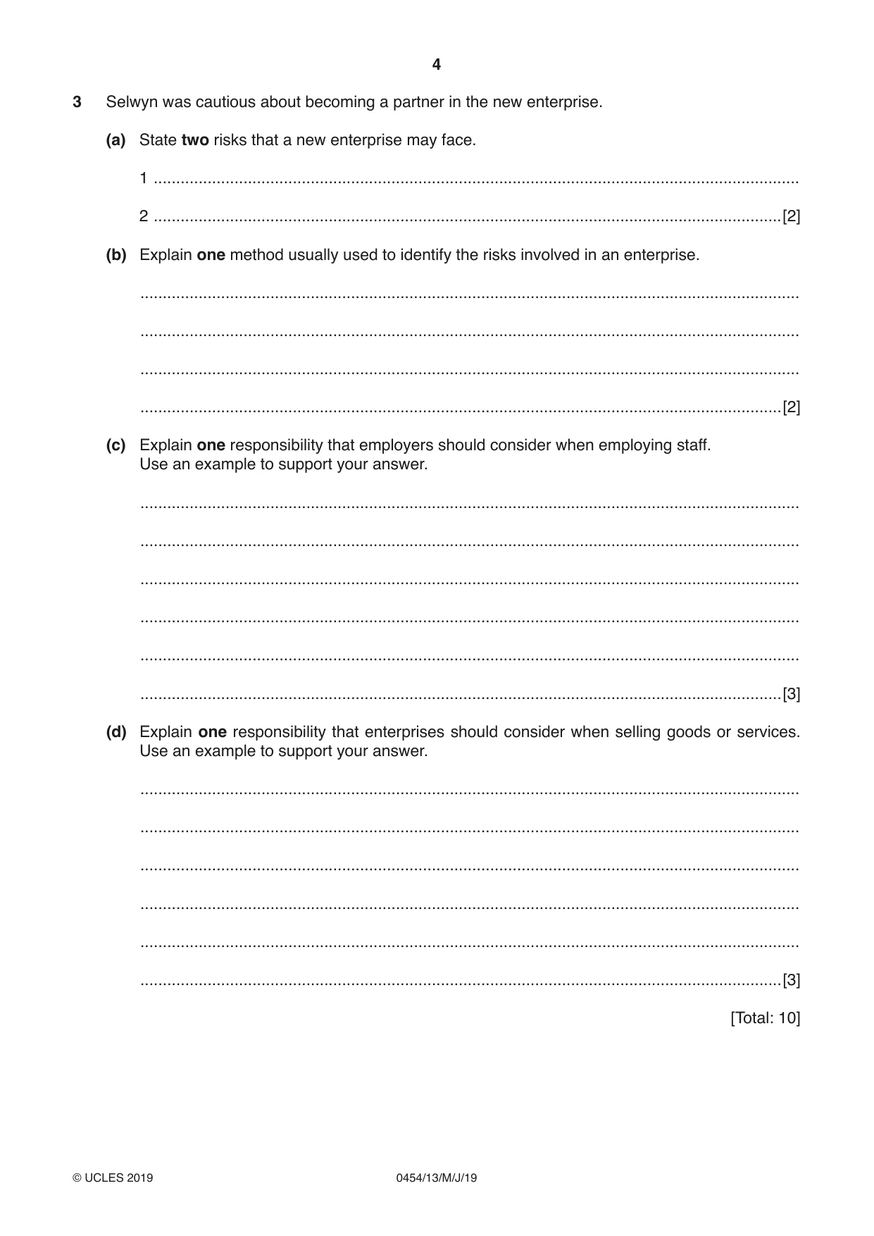 Cambridge IGCSE Enterprise 0454 2019 May/June Paper 1 · Variant 3 question paper, page 4 of 16