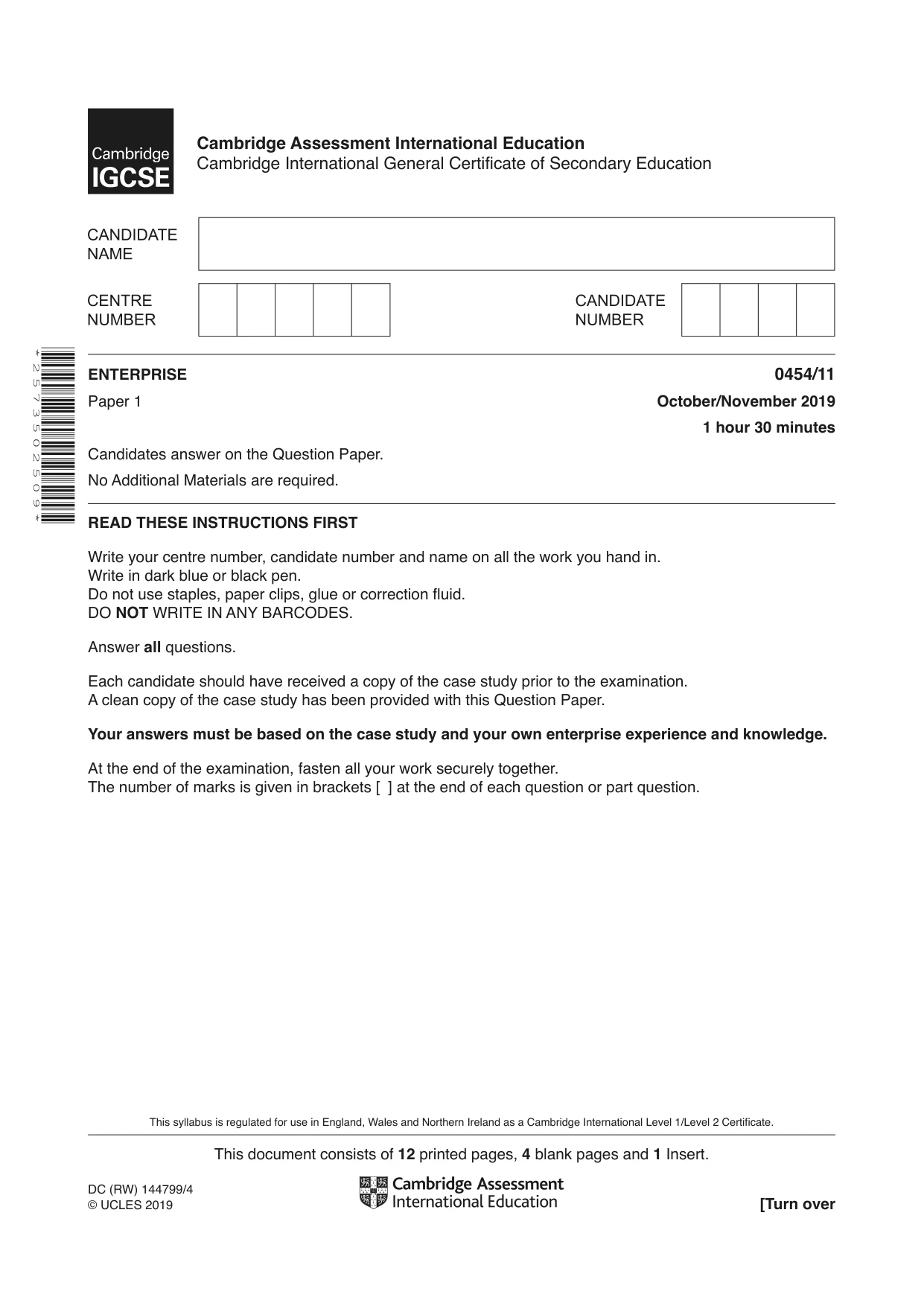 Cambridge IGCSE Enterprise 0454 2019 Oct/Nov Paper 1 · Variant 1 question paper, page 1 of 16