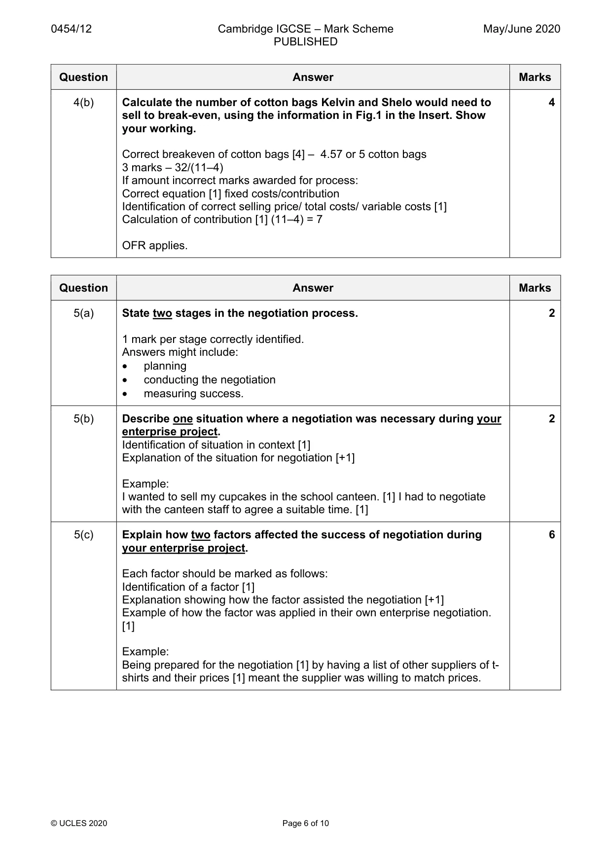 Mark scheme, page 6 of 10