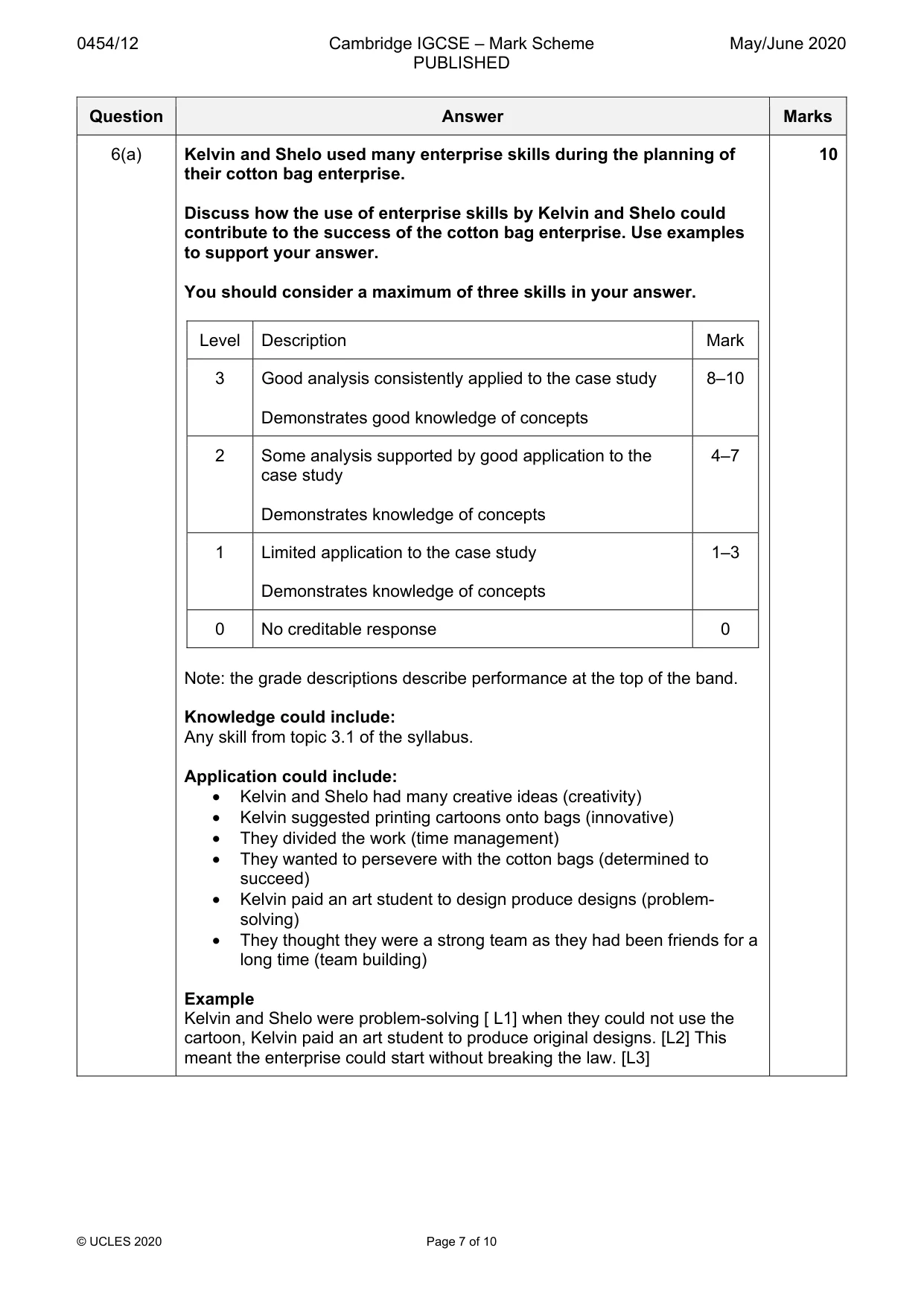 Mark scheme, page 7 of 10