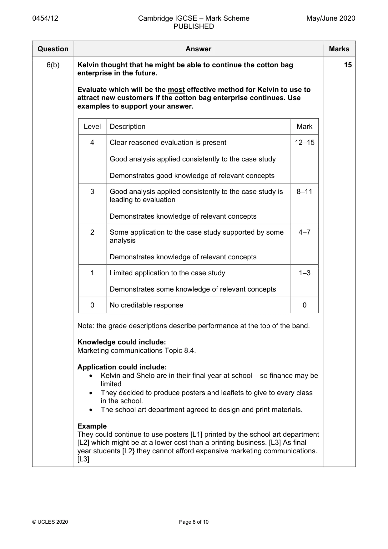 Mark scheme, page 8 of 10