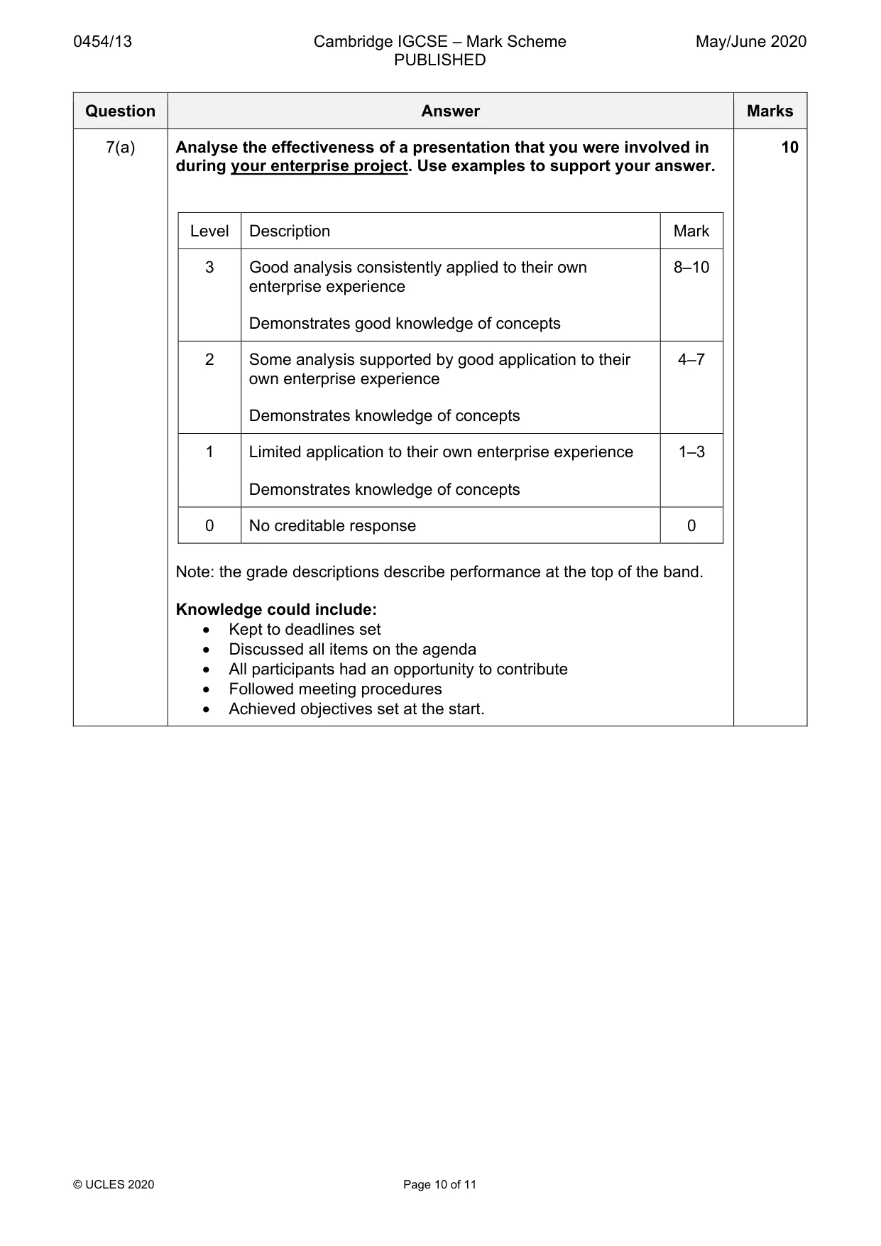 Mark scheme, page 10 of 11