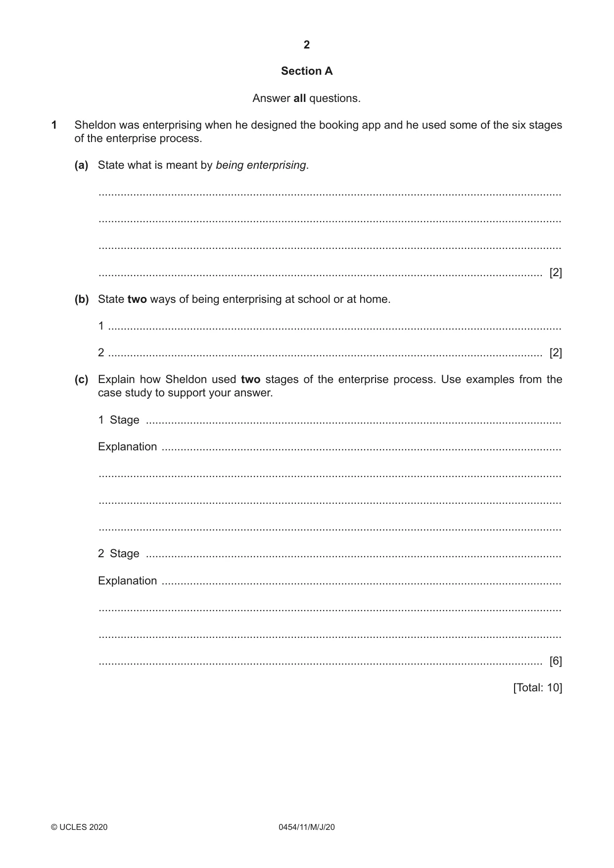 Cambridge IGCSE Enterprise 0454 2020 May/June Paper 1 · Variant 1 question paper, page 2 of 16