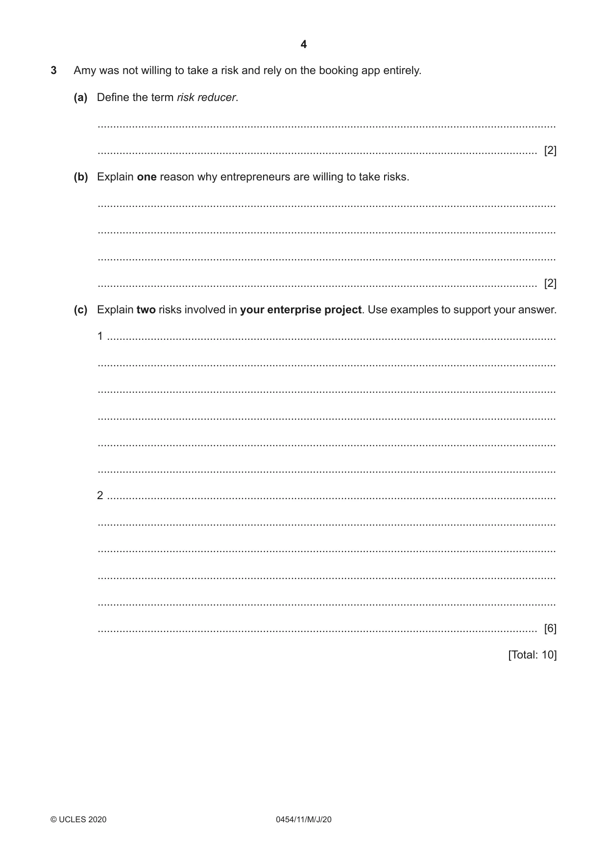 Cambridge IGCSE Enterprise 0454 2020 May/June Paper 1 · Variant 1 question paper, page 4 of 16