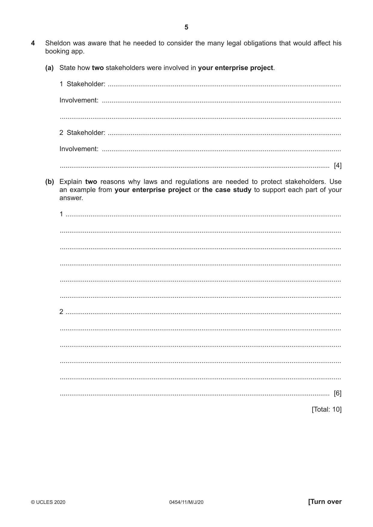 Cambridge IGCSE Enterprise 0454 2020 May/June Paper 1 · Variant 1 question paper, page 5 of 16