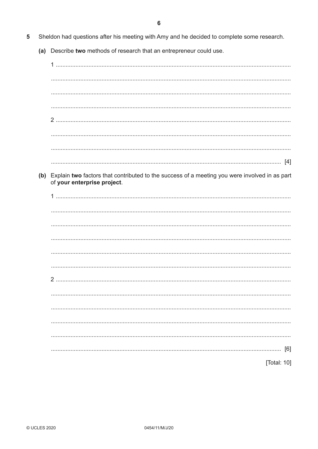 Cambridge IGCSE Enterprise 0454 2020 May/June Paper 1 · Variant 1 question paper, page 6 of 16