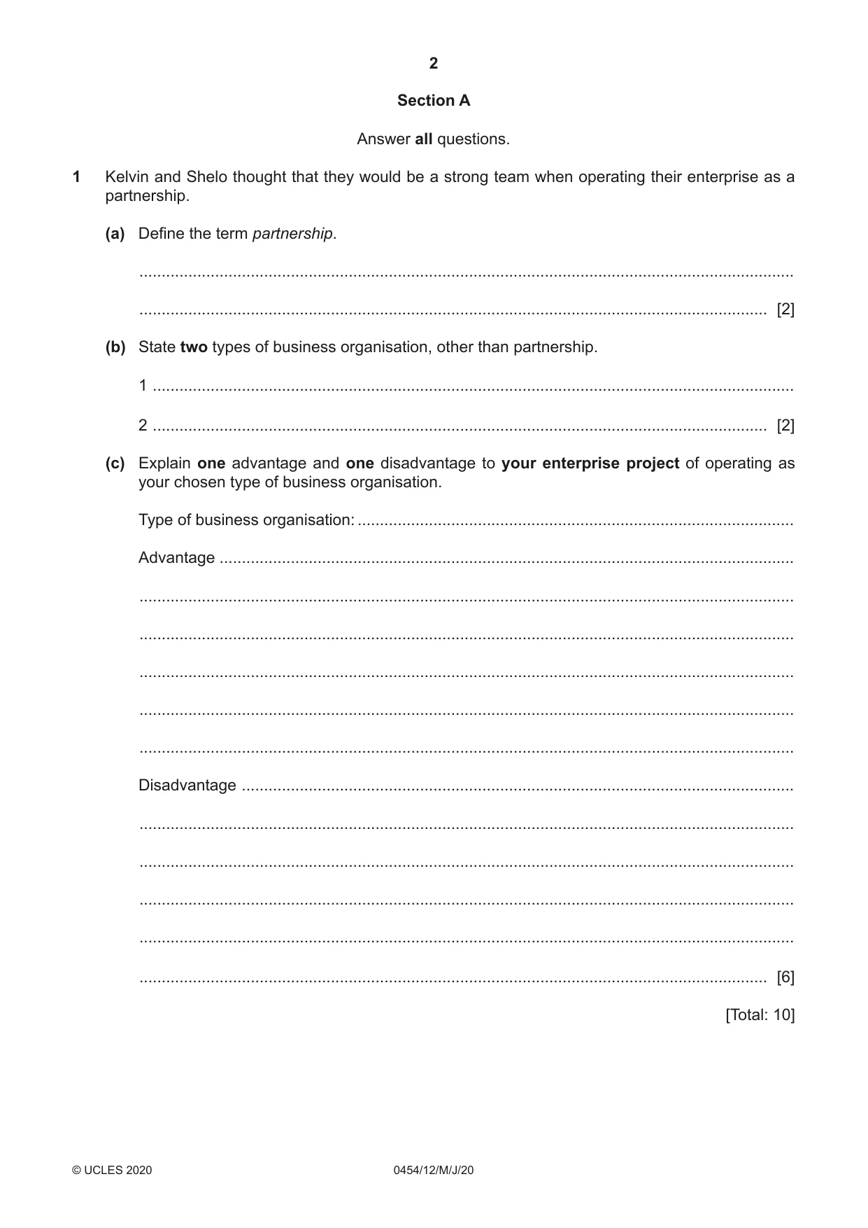 Cambridge IGCSE Enterprise 0454 2020 May/June Paper 1 · Variant 2 question paper, page 2 of 16