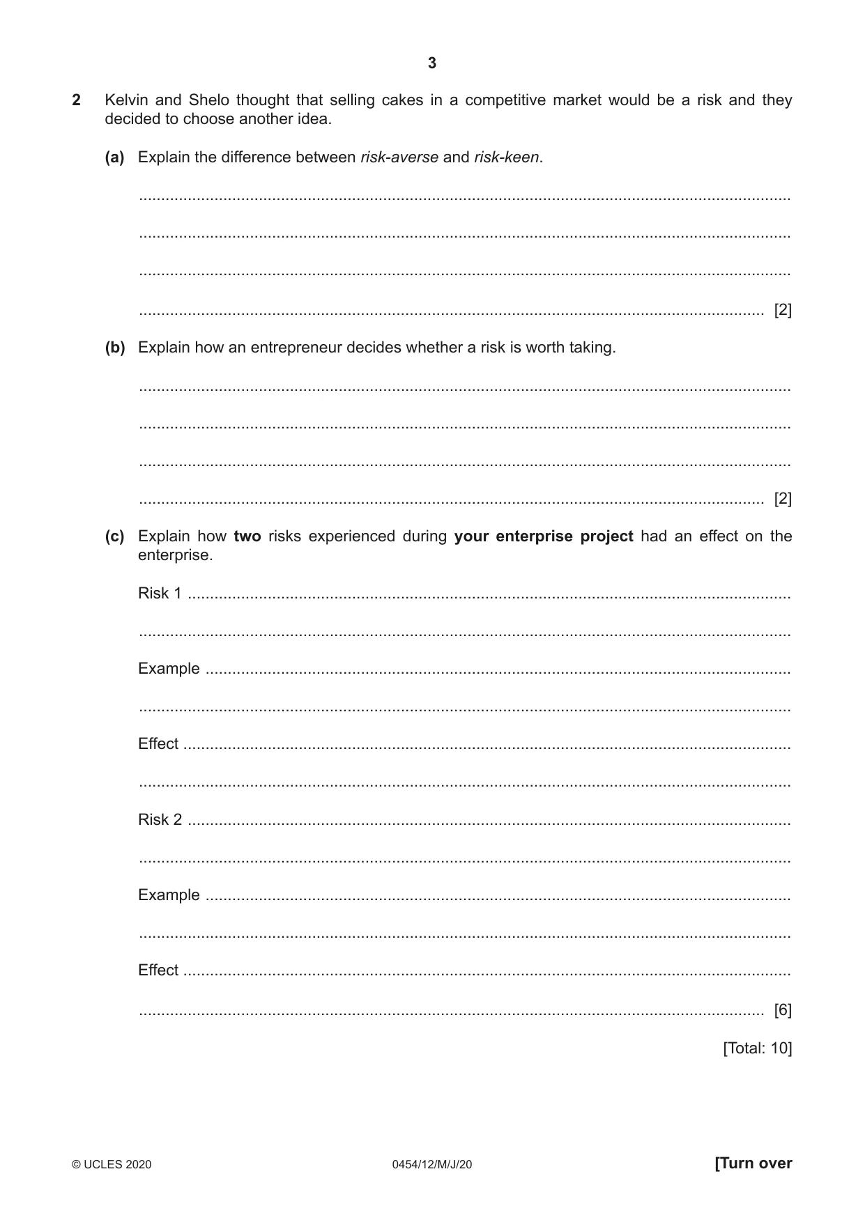 Cambridge IGCSE Enterprise 0454 2020 May/June Paper 1 · Variant 2 question paper, page 3 of 16