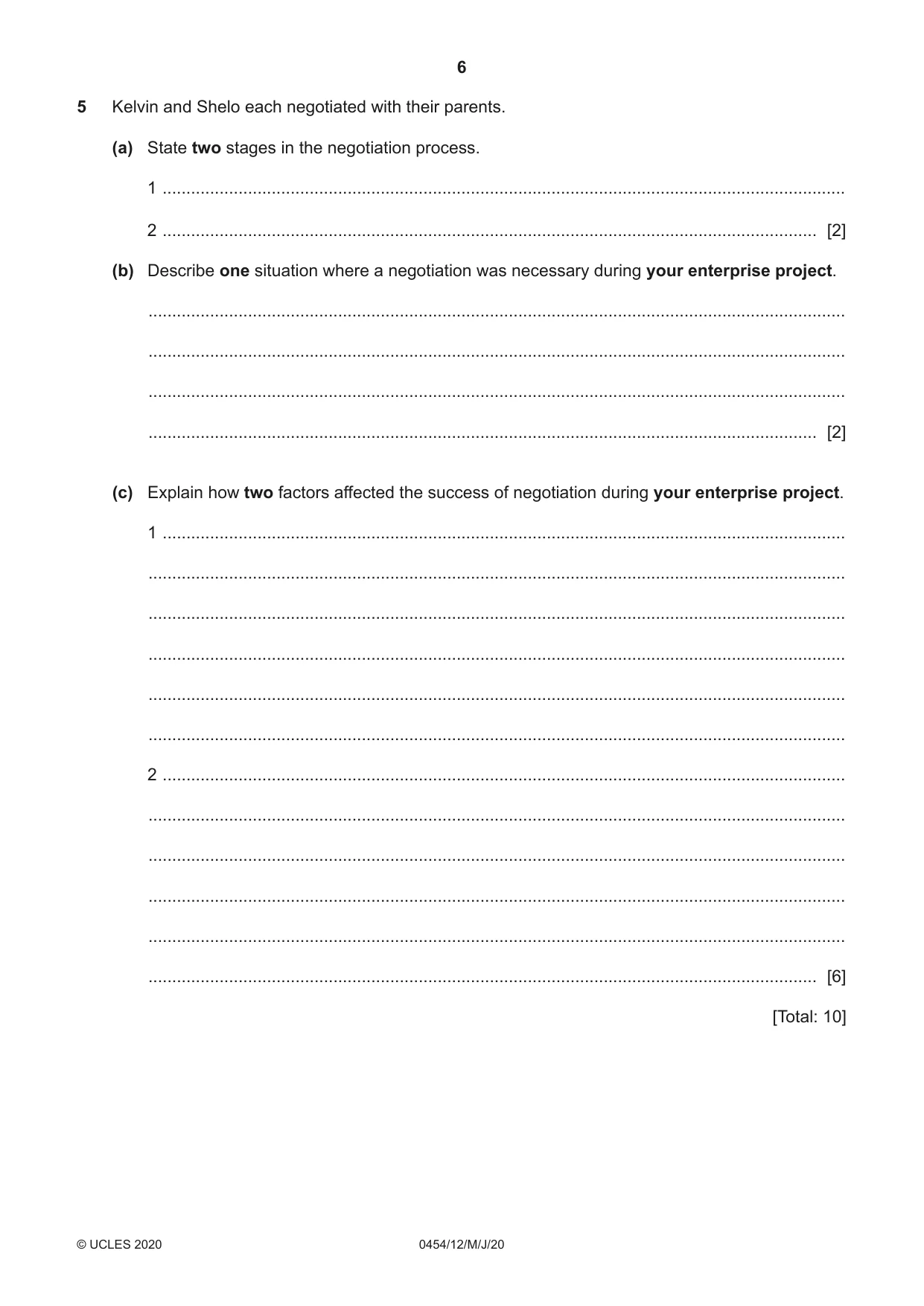 Cambridge IGCSE Enterprise 0454 2020 May/June Paper 1 · Variant 2 question paper, page 6 of 16