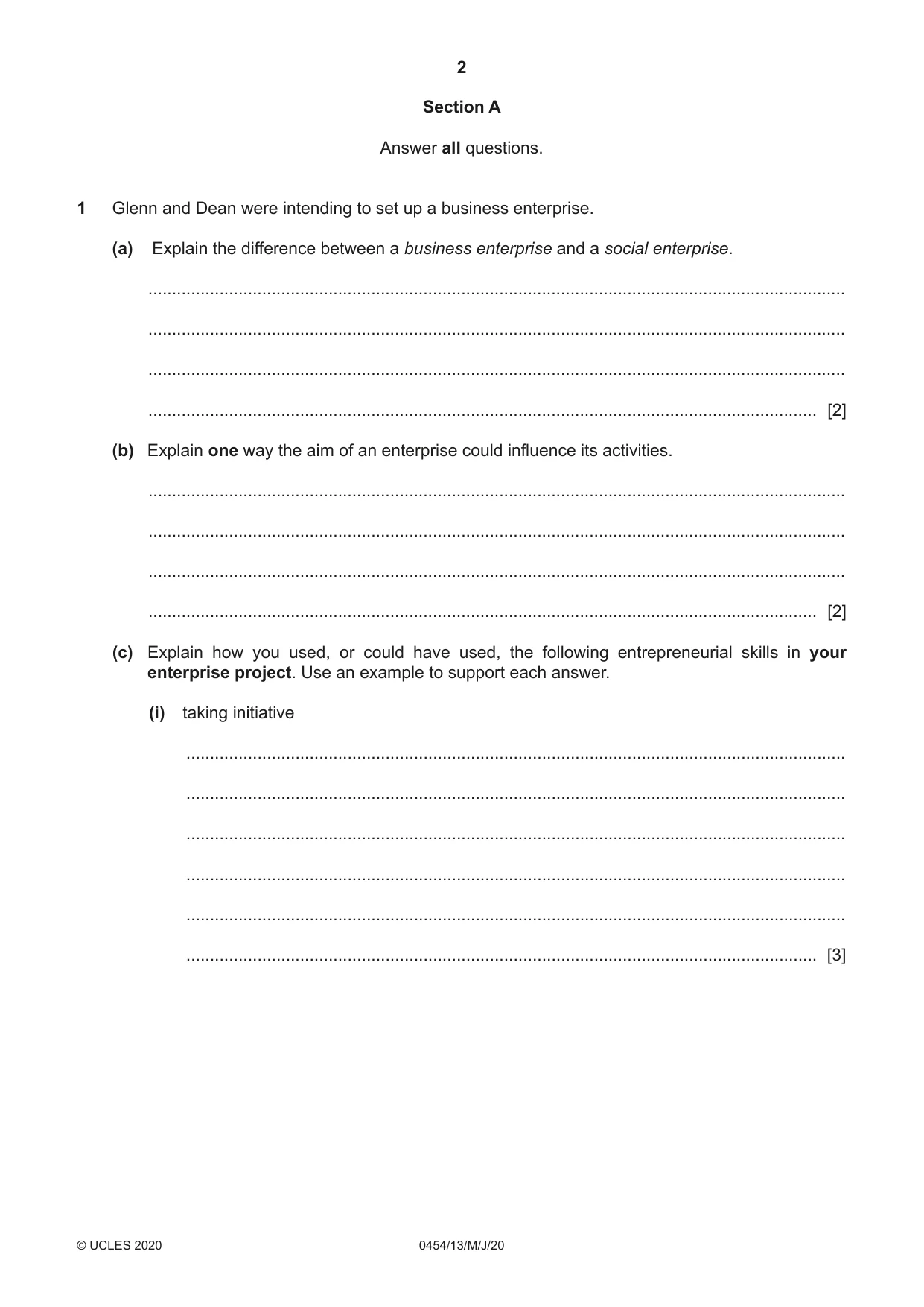 Cambridge IGCSE Enterprise 0454 2020 May/June Paper 1 · Variant 3 question paper, page 2 of 16
