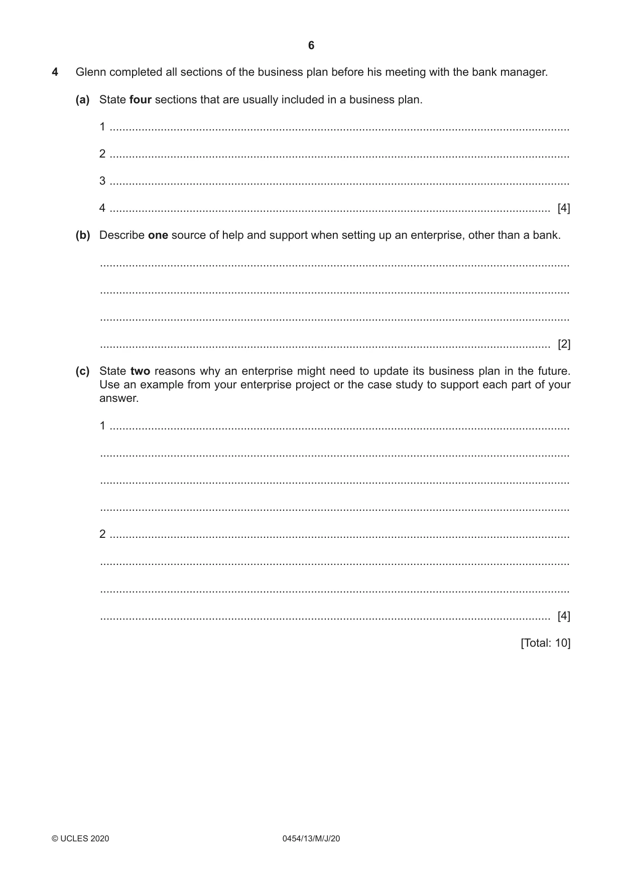 Cambridge IGCSE Enterprise 0454 2020 May/June Paper 1 · Variant 3 question paper, page 6 of 16