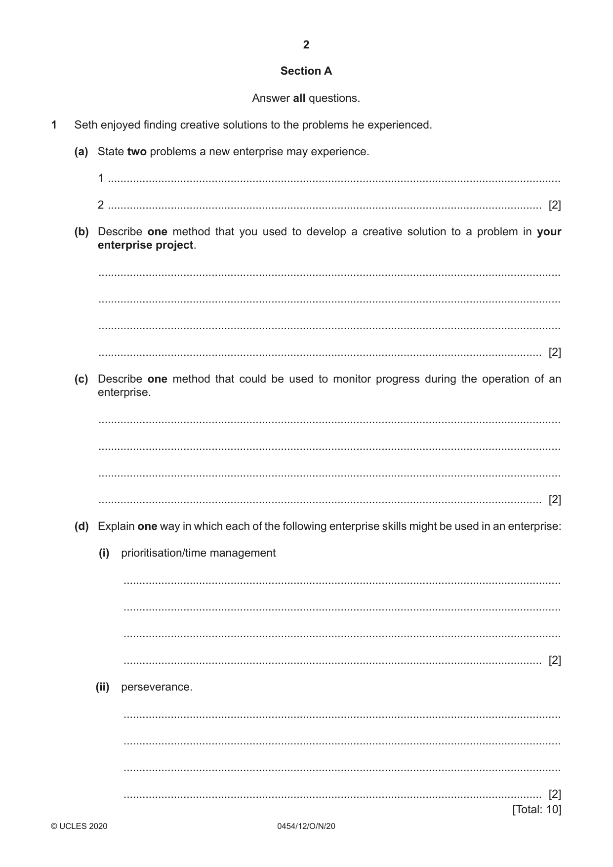 Cambridge IGCSE Enterprise 0454 2020 Oct/Nov Paper 1 · Variant 2 question paper, page 2 of 16