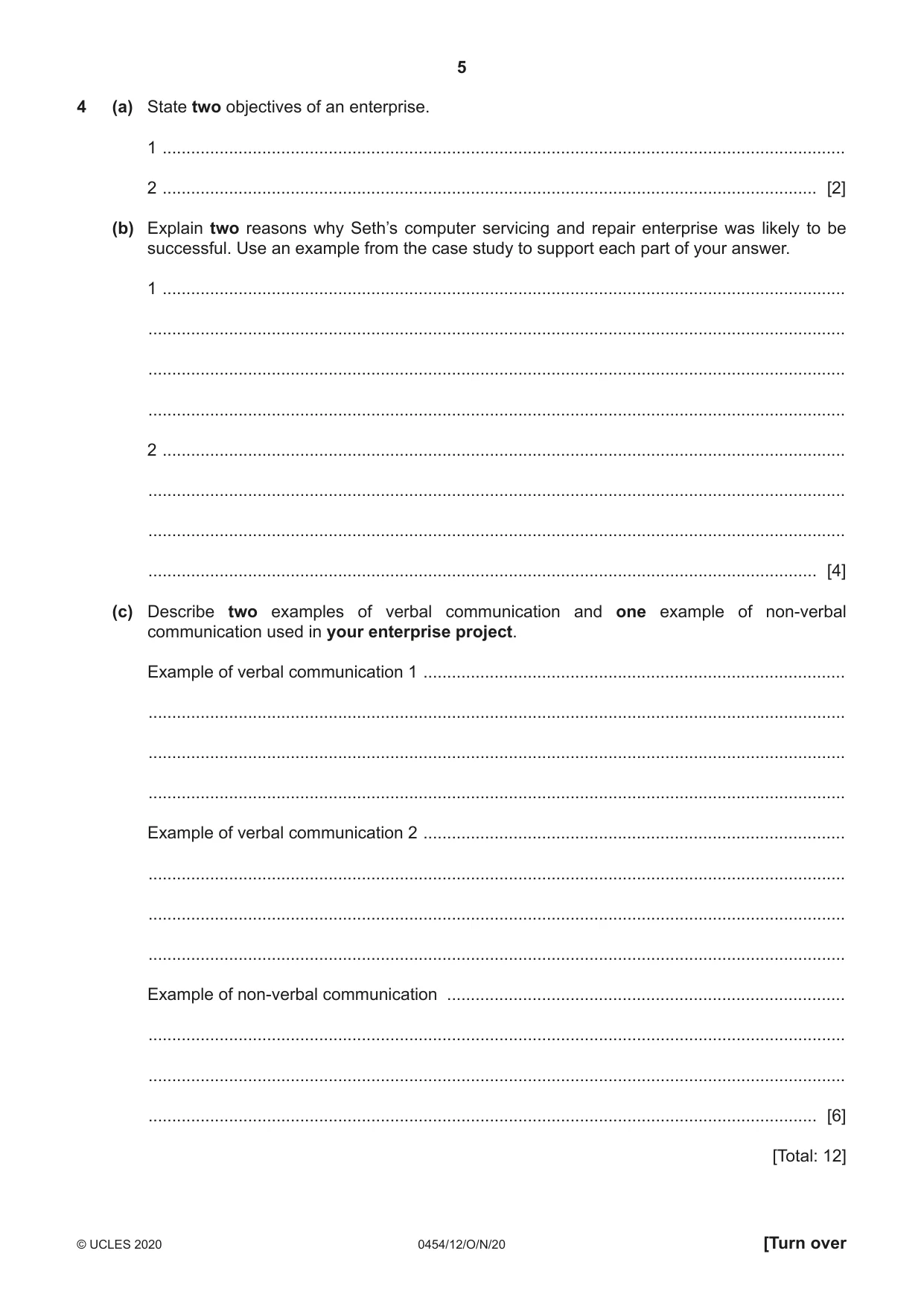 Cambridge IGCSE Enterprise 0454 2020 Oct/Nov Paper 1 · Variant 2 question paper, page 5 of 16