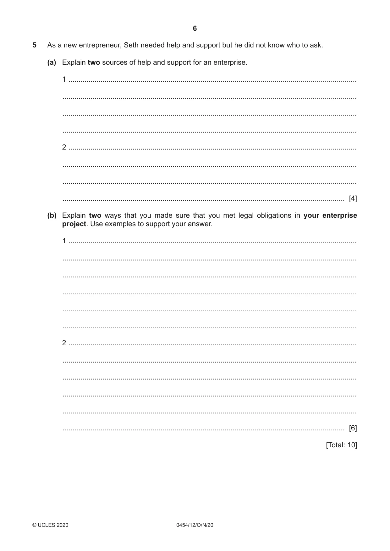 Cambridge IGCSE Enterprise 0454 2020 Oct/Nov Paper 1 · Variant 2 question paper, page 6 of 16