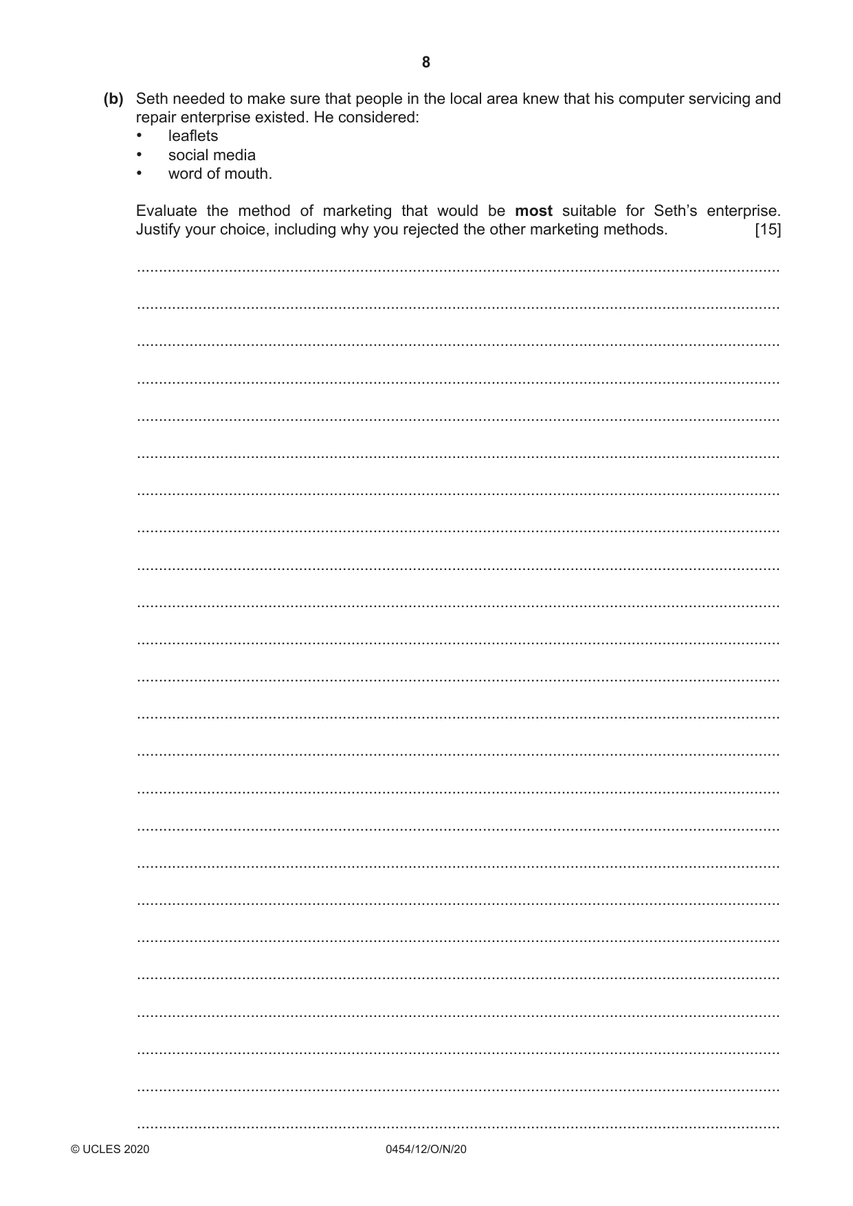 Cambridge IGCSE Enterprise 0454 2020 Oct/Nov Paper 1 · Variant 2 question paper, page 8 of 16