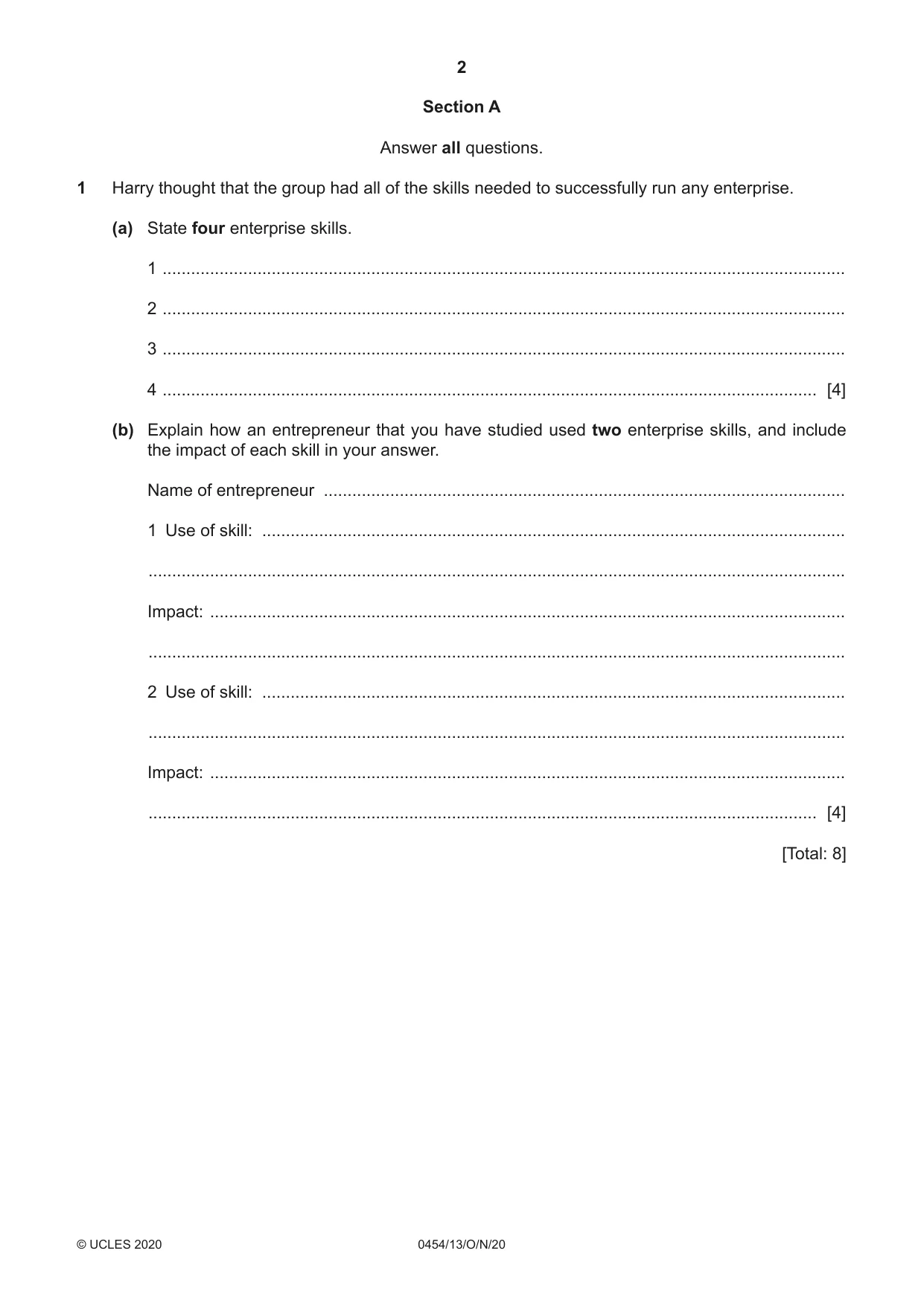 Cambridge IGCSE Enterprise 0454 2020 Oct/Nov Paper 1 · Variant 3 question paper, page 2 of 16