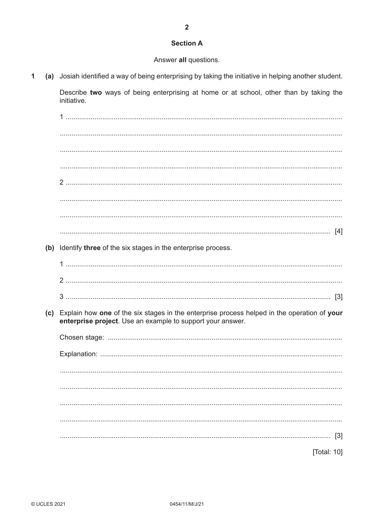 Cambridge IGCSE Enterprise 0454 2021 May/June Paper 1 · Variant 1 question paper, page 2 of 16