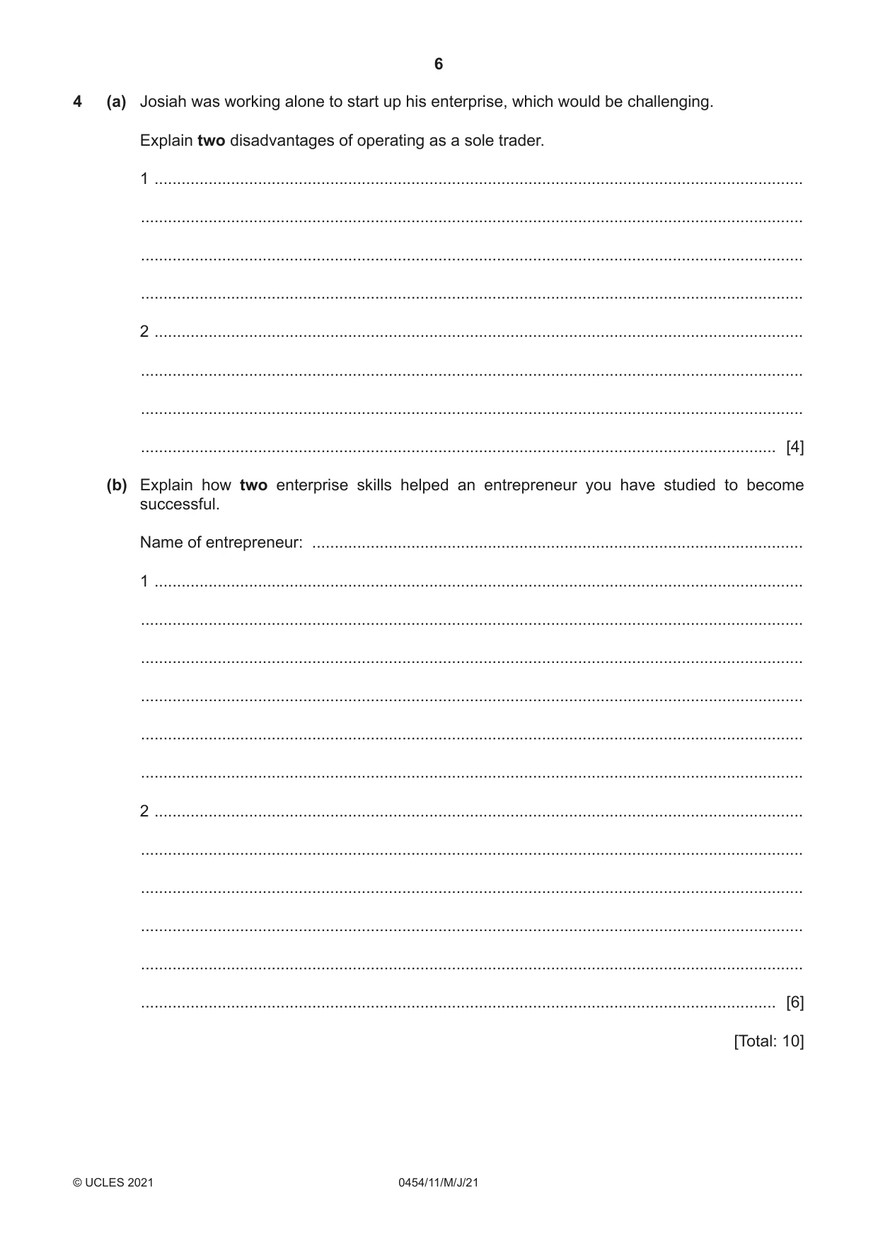 Cambridge IGCSE Enterprise 0454 2021 May/June Paper 1 · Variant 1 question paper, page 6 of 16