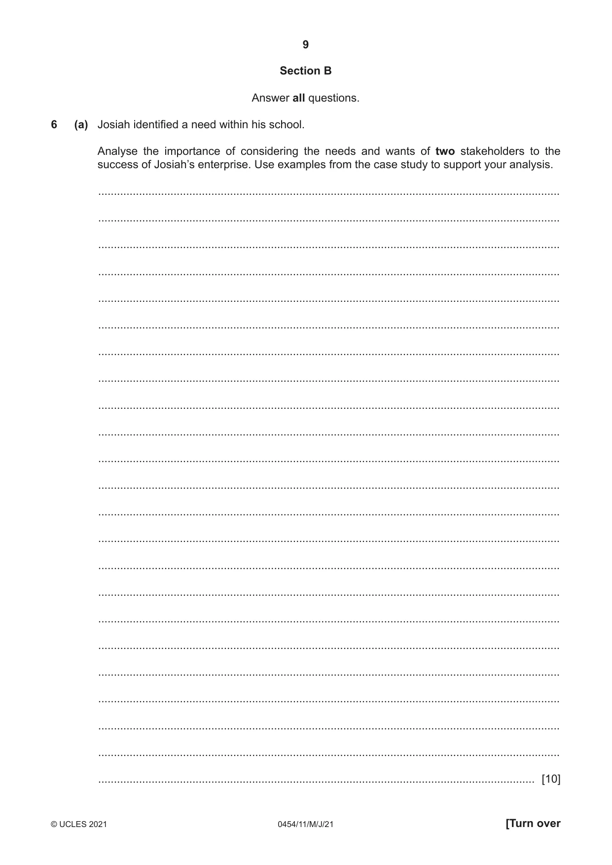 Cambridge IGCSE Enterprise 0454 2021 May/June Paper 1 · Variant 1 question paper, page 9 of 16